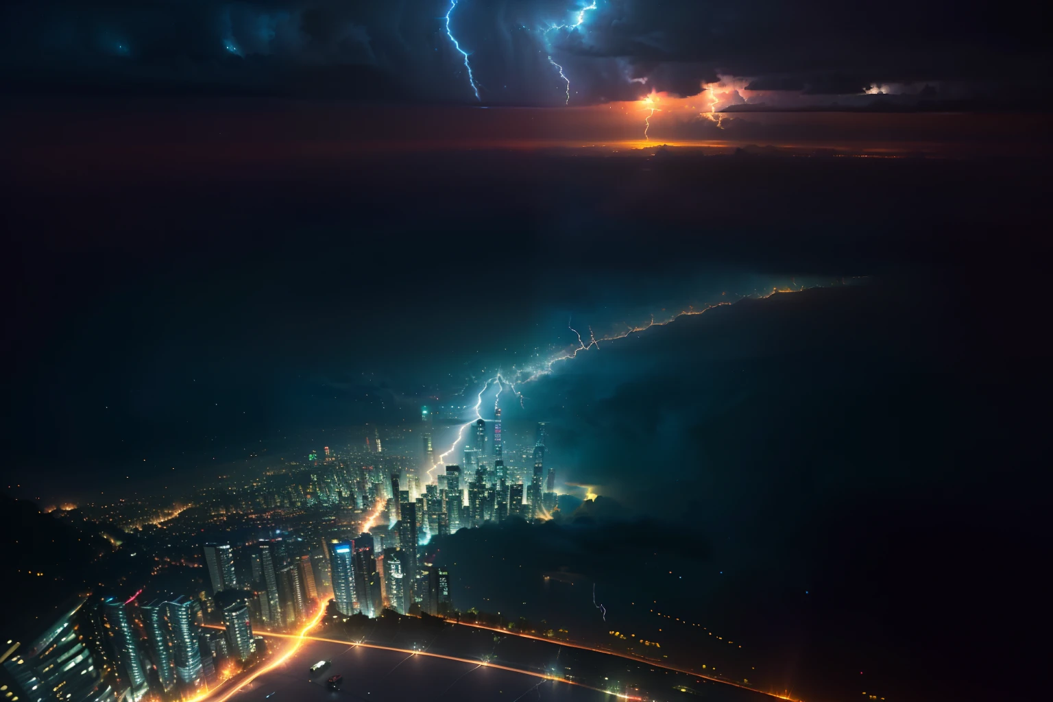 Masterpiece, high quality, beautiful wallpaper, 16k, animation, illustration, overhead view, (Gorgeous starry sky background :1.2), (Beautiful sunset :1.5), (High-rise city background :1.5), (Solo:1.2), ((1个Giant Breast Girl)),, Sexy, (Tall body), High 1.8 meters,((Cowboy shot)),(A rainy day of lightning and thunder :1.3), (Under street lights :1.2), (Spectacular dark clouds :1.1), (Wear soaked tights)