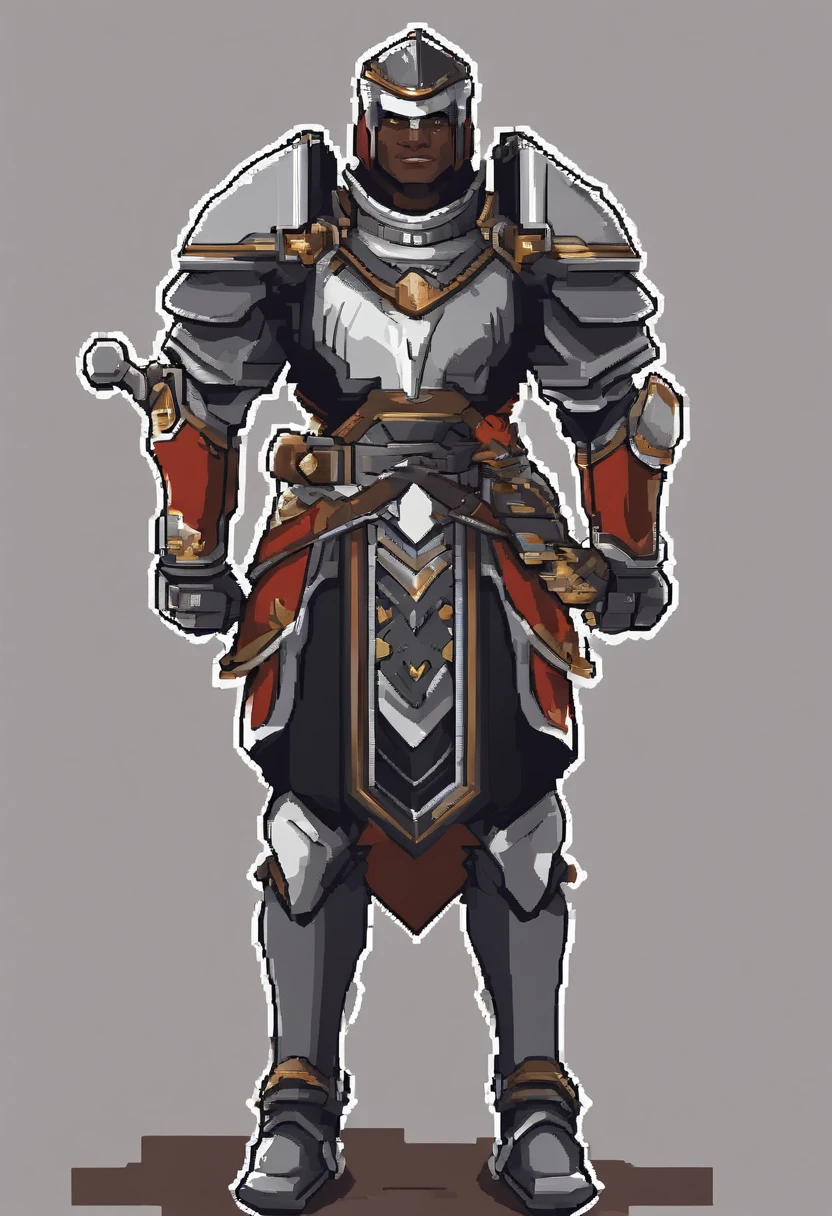 Neste prompt, You must create pixel art of a black paladin, inspired by the appearance of actor Chadwick Boseman. O paladino deve ter olhos amarelos intensos e estar vestido com uma armadura branca, decorada com detalhes dourados. The pixel art should highlight the strength and nobility of the character, with attention to armor detail and facial expression. Use your creativity to add textures and shading that highlight the metallic look of the armor. Lembre-se de que se trata de uma pixel art, portanto, Use limited colors and pixels to create a sharp, stylized image. We look forward to seeing how you bring this black paladin to life, com olhos amarelos penetrantes e uma armadura branca imponente com detalhes dourados!