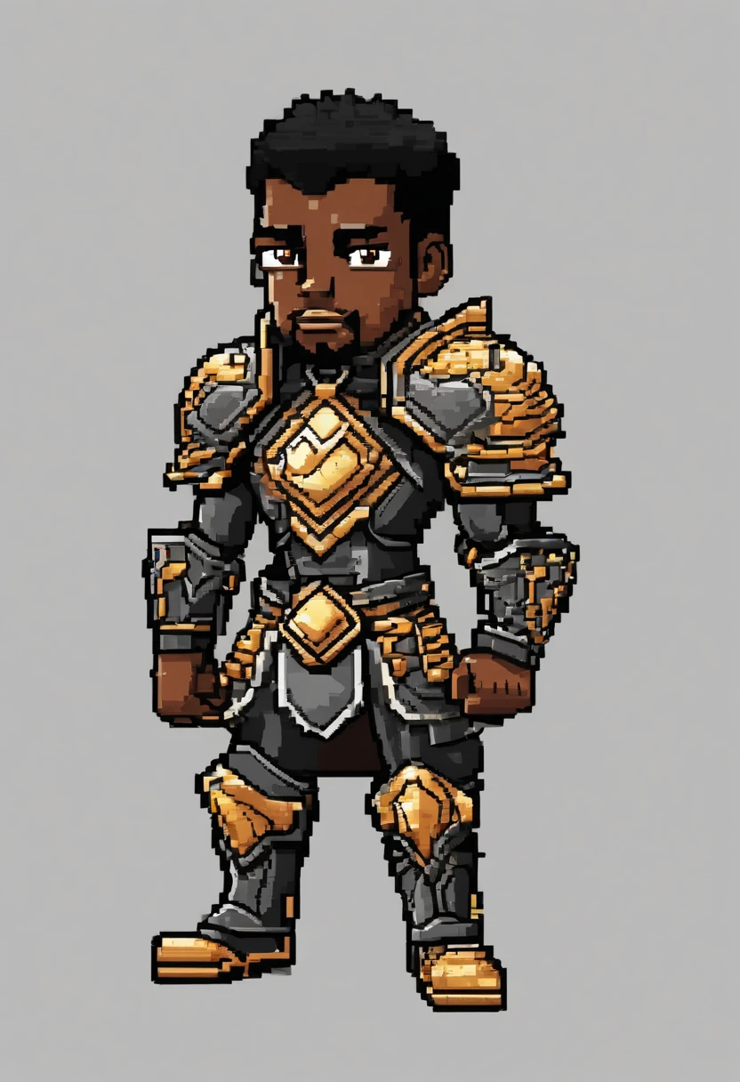 Neste prompt, You must create pixel art of a black paladin, inspired by the appearance of actor Chadwick Boseman. O paladino deve ter olhos amarelos intensos e estar vestido com uma armadura branca, decorada com detalhes dourados. The pixel art should highlight the strength and nobility of the character, with attention to armor detail and facial expression. Use your creativity to add textures and shading that highlight the metallic look of the armor. Lembre-se de que se trata de uma pixel art, portanto, Use limited colors and pixels to create a sharp, stylized image. We look forward to seeing how you bring this black paladin to life, com olhos amarelos penetrantes e uma armadura branca imponente com detalhes dourados!