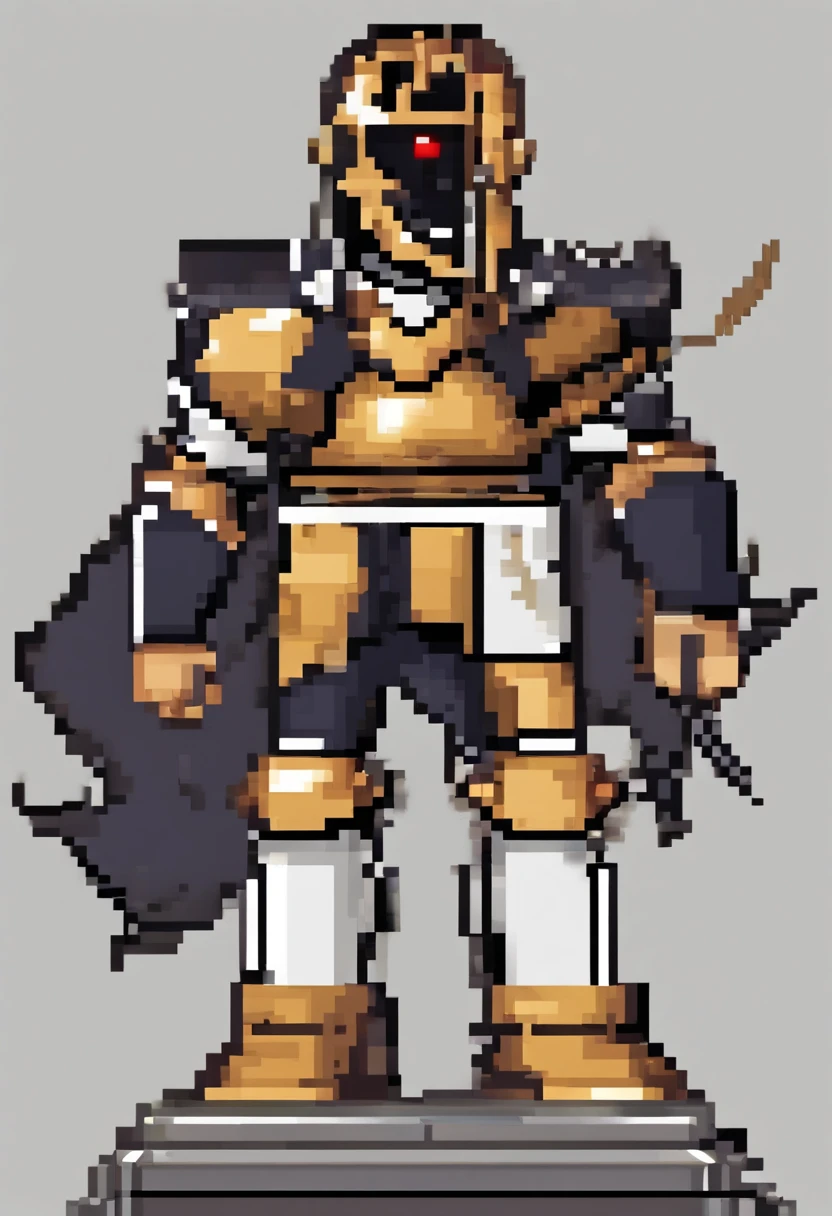 Neste prompt, You must create pixel art of a black paladin, inspired by the appearance of actor Chadwick Boseman. O paladino deve ter olhos amarelos intensos e estar vestido com uma armadura branca, decorada com detalhes dourados. The pixel art should highlight the strength and nobility of the character, with attention to armor detail and facial expression. Use your creativity to add textures and shading that highlight the metallic look of the armor. Lembre-se de que se trata de uma pixel art, portanto, Use limited colors and pixels to create a sharp, stylized image. We look forward to seeing how you bring this black paladin to life, com olhos amarelos penetrantes e uma armadura branca imponente com detalhes dourados!