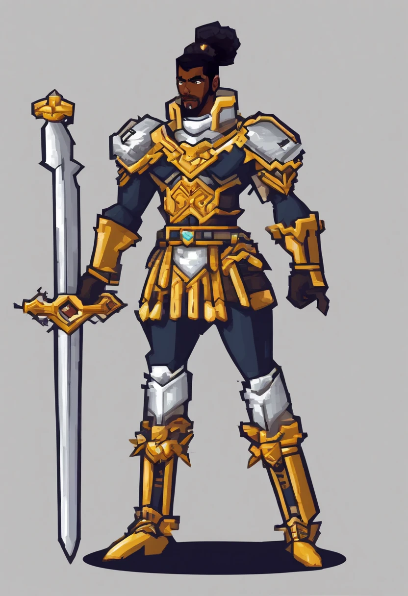 Neste prompt, You must create pixel art of a black paladin, inspired by the appearance of actor Chadwick Boseman. O paladino deve ter olhos amarelos intensos e estar vestido com uma armadura branca, decorada com detalhes dourados. The pixel art should highlight the strength and nobility of the character, with attention to armor detail and facial expression. Use your creativity to add textures and shading that highlight the metallic look of the armor. Lembre-se de que se trata de uma pixel art, portanto, Use limited colors and pixels to create a sharp, stylized image. We look forward to seeing how you bring this black paladin to life, com olhos amarelos penetrantes e uma armadura branca imponente com detalhes dourados!