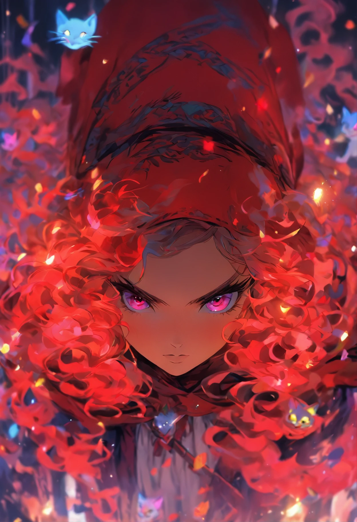 1 girl in、Wearing Little Red Riding Hood clothes、Long iridescent hair、colourful hair、O cabelo multicolorido、On the head are cat ears、Red Eyes、Colorful eyes、beautidful eyes、perfect eyes、Same eyes、Calligraphy patterns, Artistic lettering, Beautiful script, penmanship, Visual poetry, cultural expression, Decorative writing、Powerful、Dynamic calligraphy、Do calligraphy、