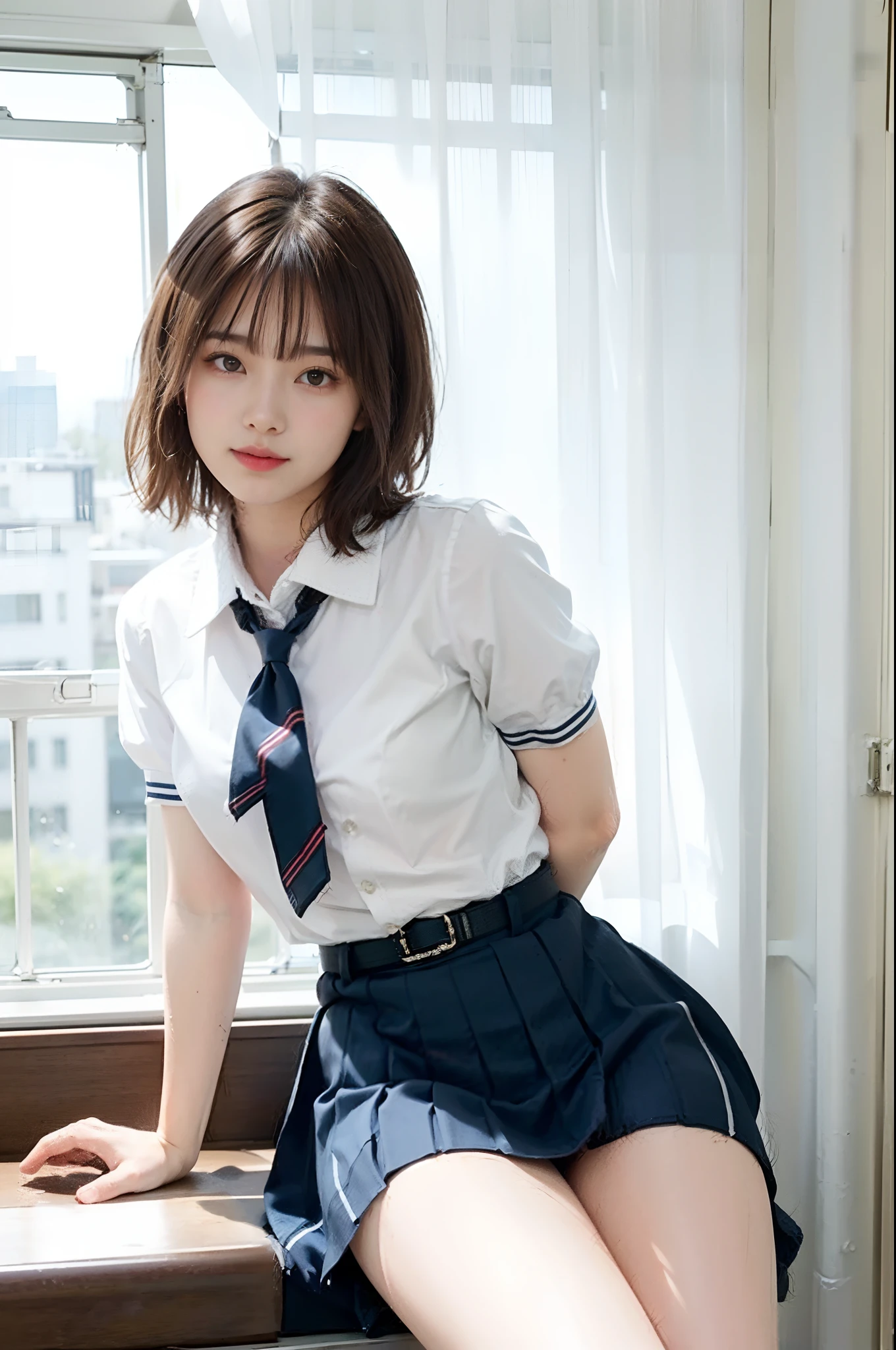 top-quality,ultra-detailliert,​masterpiece,realisitic,Photo Real,Bright lighting,1 girl in, an extremely beautiful -yeld gi (kawaii:1.2),Thin smile, (Brown eyes),(brown haired),(bangss),perfect glossy skin,flawless skin,((erotick,Sexy and sexually explicit)),((accurate hands without incongruity)), large full breasts,big breasts thin waist, Look at viewers,((a sailor suit)),((Short sleeve uniform white shirt)),(red necktie),(Blue Mini Pleated Skirt),(((skirt lift by yourself))),(lifted by self),(Showing panties),panties on,panties focus,((Sit up,spread legswide)), sockes, (Black knee socks),(Loafer shoes), during daytime,On the train,Horizontal long seat with your back to the window