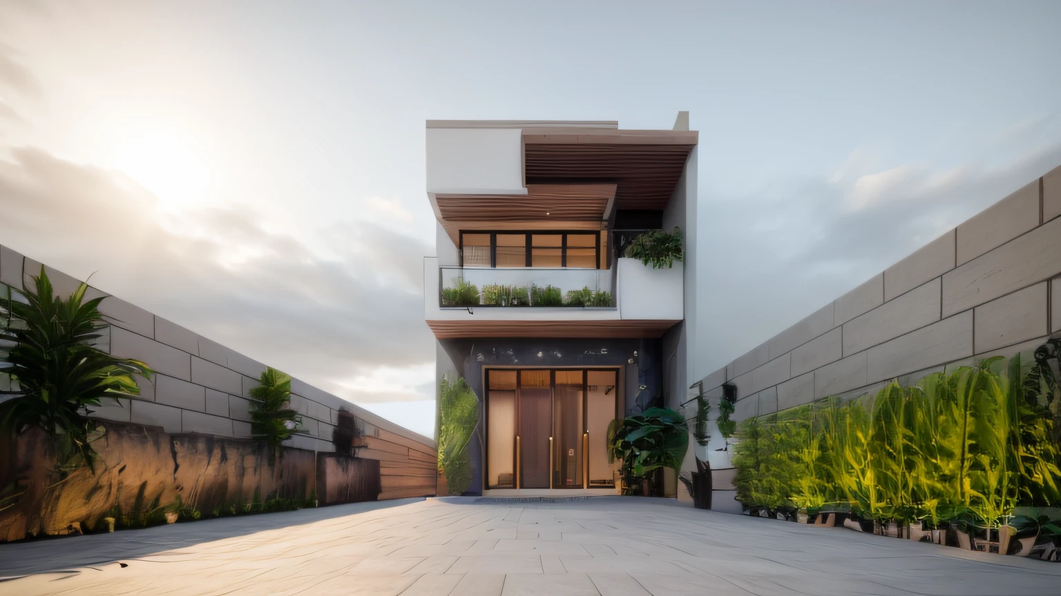 there is a building with a lot of plants on the side of it, highly detailed render, high quality rendering, very realistic render, realistic render, very realistic 3 d render, professional render, render in vray, fully detailed render, architectural visualization, lumion render, highly detailed 3d render, highly detailed 3 d render, very detailed render, photo realistic render, small garden space on front, detailed, cinematic lighting,