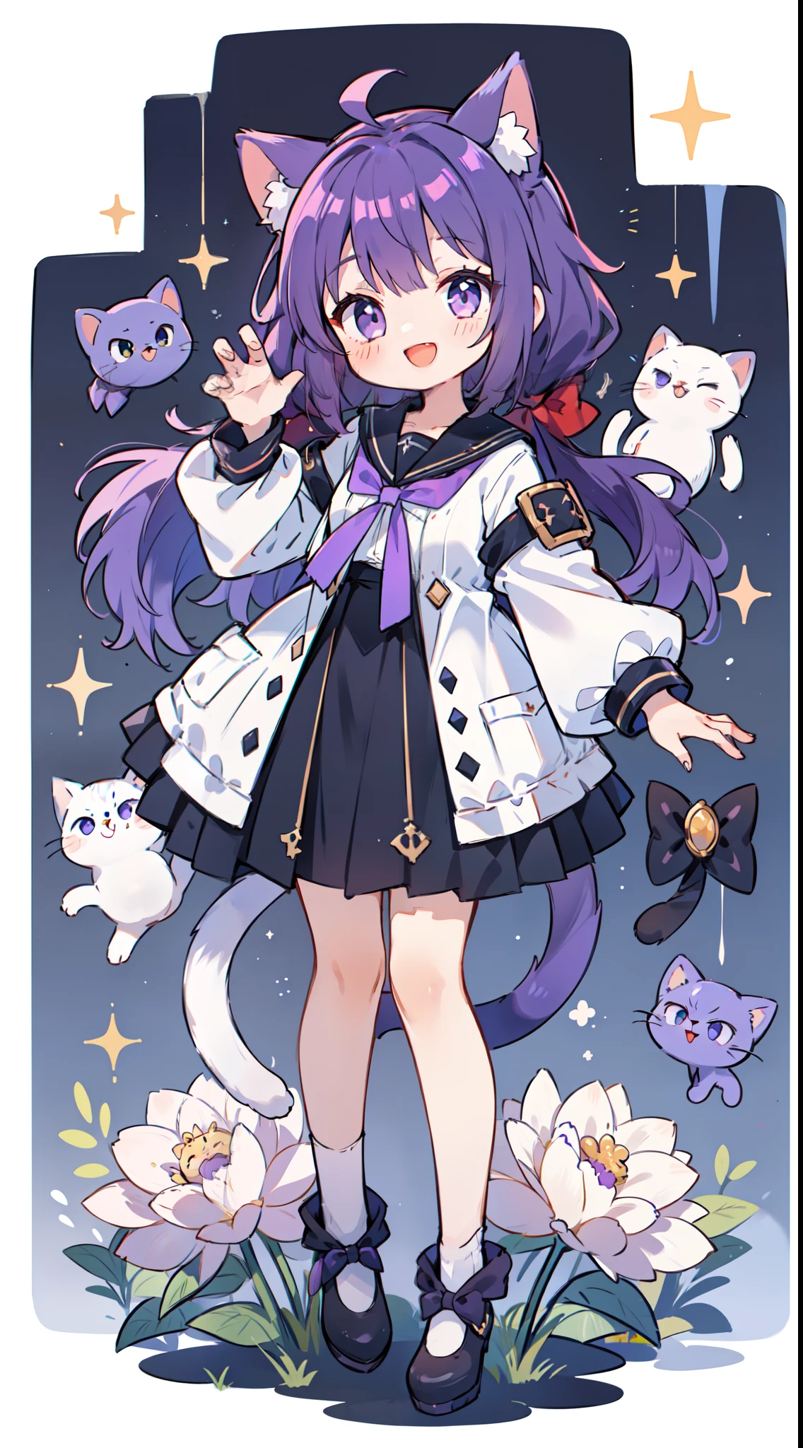 1 girl in、((full body Esbian、Standing picture:1.2)), top-quality、masutepiece、Purple hair, Longhaire, ((Two knots)), Cat's ears、Black sailor suit、Purple Ribbon、A smile、Cat Pose、A smile that opens its mouth a little、white backgrounid