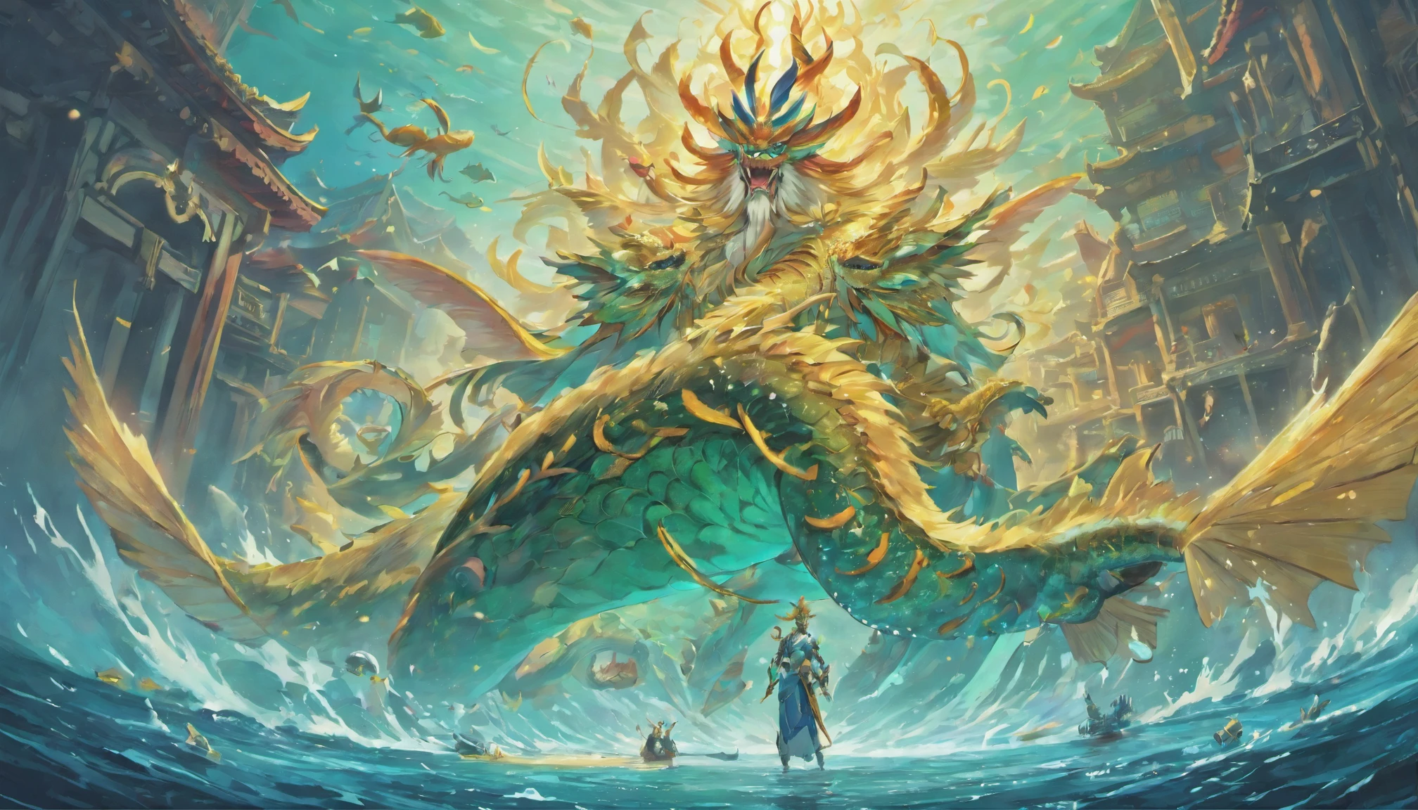 1. Chinese mythology, East Sea Dragon King, Majestic, Powerful, (Ancient deities:1.3), (Serpentine:1.2), (Beard and mustache:0.8), (Whiskers:0.9), (Huge size:1.5), scales, Vibrant colors, Shimmering water, (the reef:1.1), (Golden crown:1.2), (Dragon-shaped throne:1.4), (Flowing robes:1.1), (Dragon-shaped beard ornaments:1.3), (Emerald eyes:1.2), (pearls necklace:1.2), (Golden Trident:1.4), (levitating:1.1), (Sky clouds:1.3), (shimmering dazzling lighting:1.2), (Crashing waves:1.3), (A palace full of treasures:1.5), (Schools of colorful fish:1.2), (an underwater city:1.4), magnifica, Mythical, Magnificent, Extensive and detailed, standing apart, Traditional Chinese architecture.