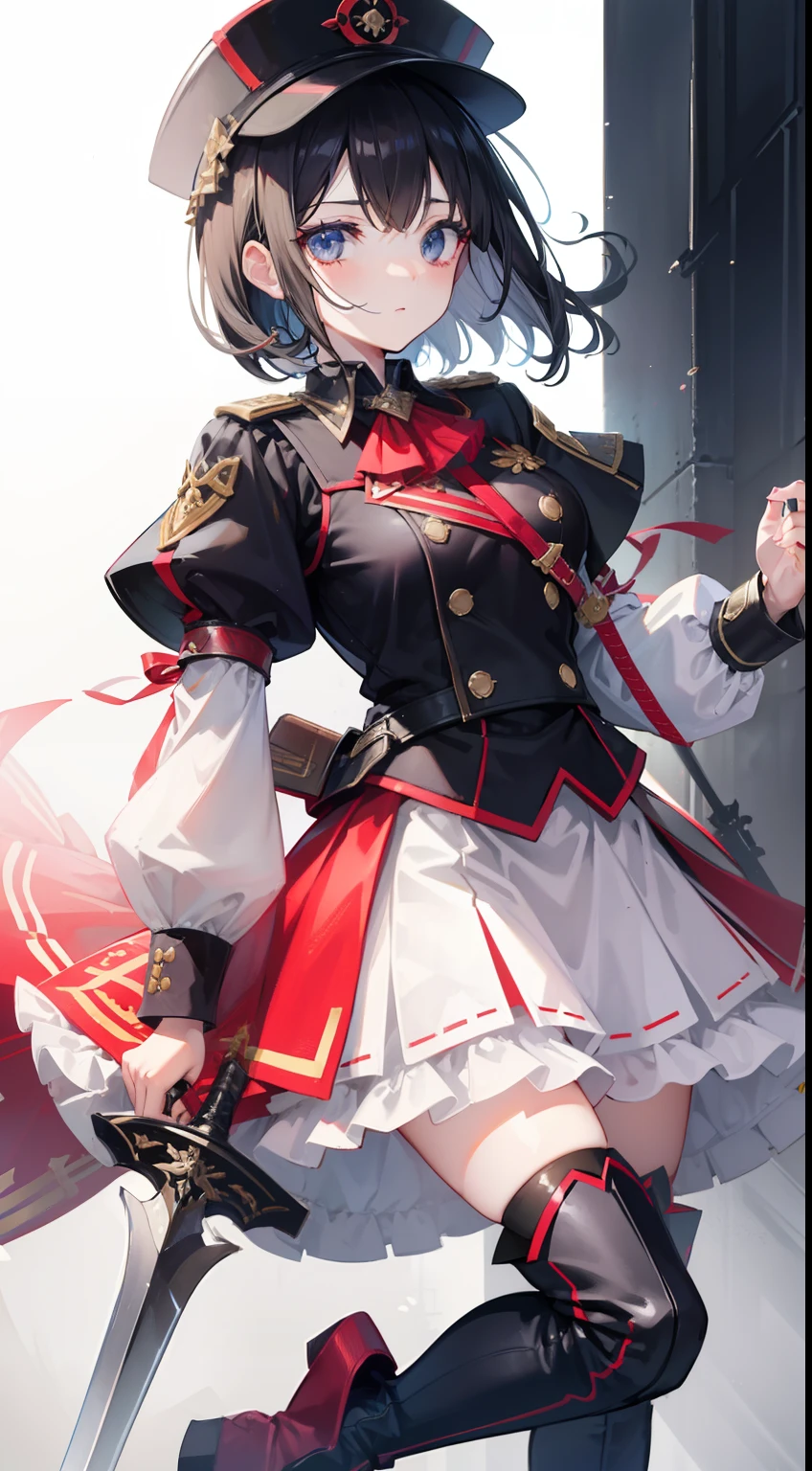 Ruffled uniforms、Hot pants under the skirt、odd eye、A dark-haired、boots、I'm carrying a great sword on my back、Hats