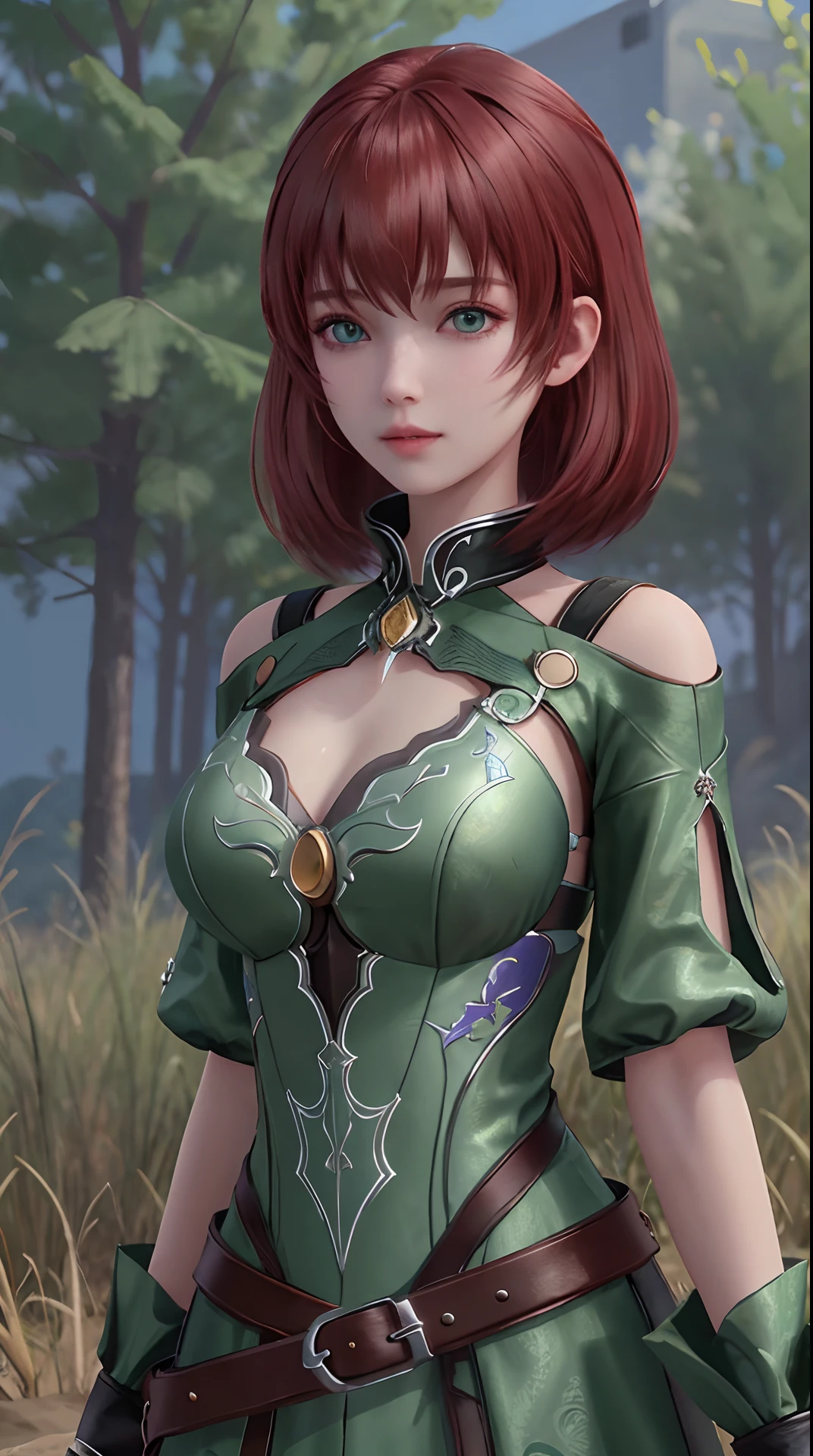 Ultra HD, 8K quality, A girl, Very long hair, Green blurred dress, Detailed eyes, Frontal capture,cowboy lens， Unreal Engine 5,