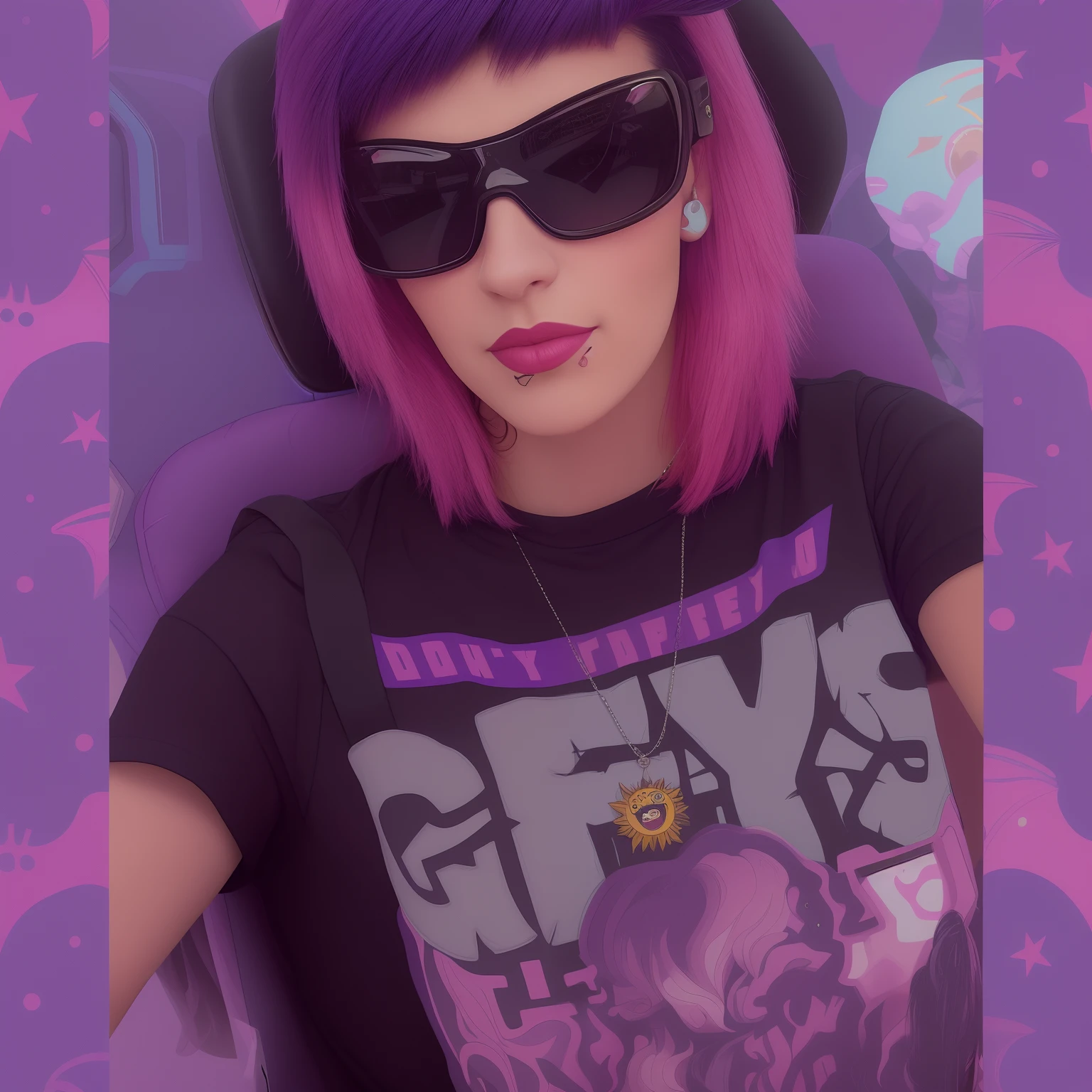 arafed woman in a car wearing a grey shirt and sunglasses, alex yanes and lisa frank, style alex gray, dressed in crustpunk clothing, wearing black undershirt, dark purple hair and cybernetics, profile picture 1024px, she has red hair, taken in the early 2020s, cory loftis, not cropped