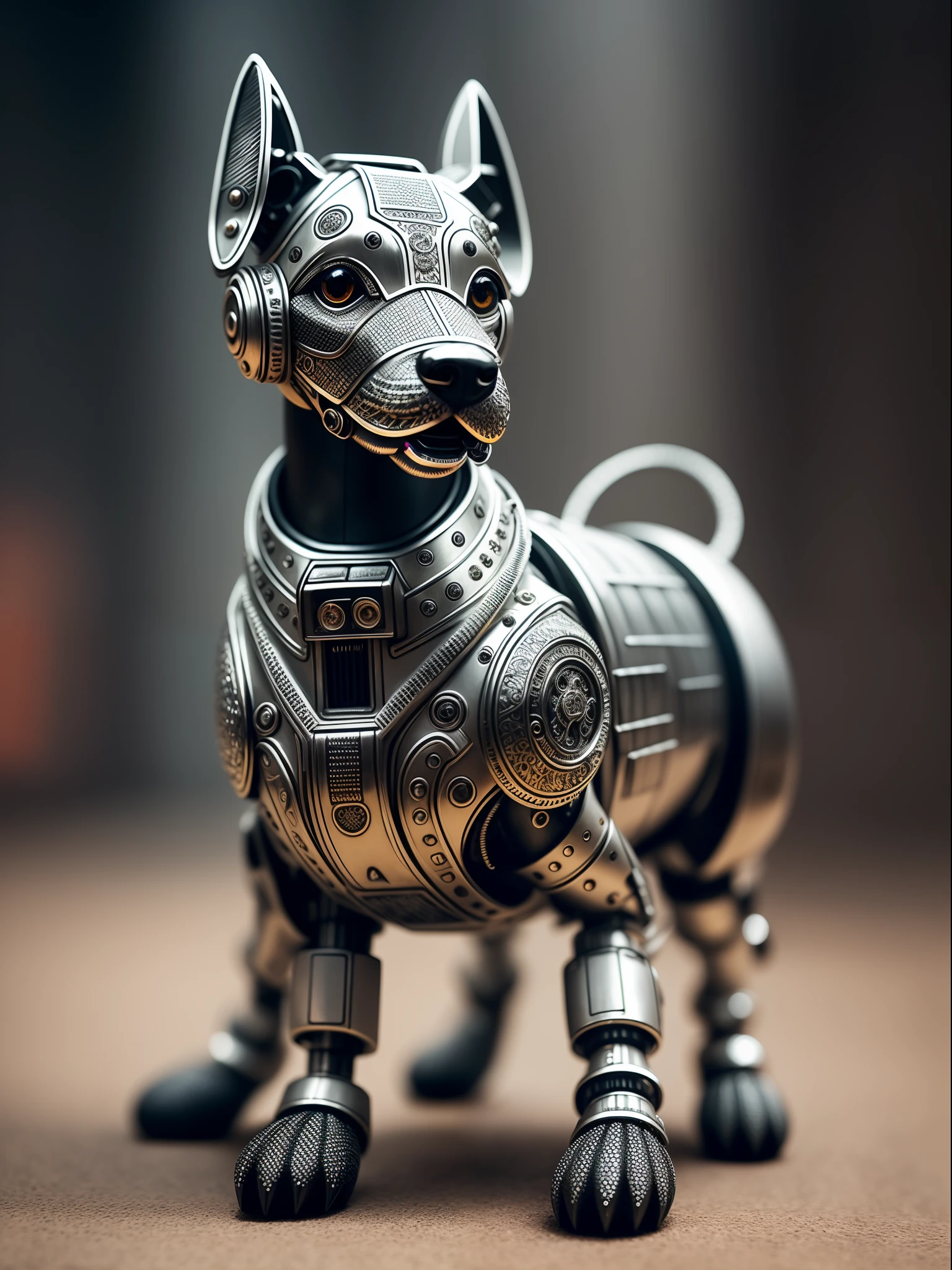 a cute dog made out of metal, (cyborg:1.1), ([tail | detailed wire]:1.3), (intricate details), hdr, (intricate details, hyperdetailed:1.2), cinematic shot, vignette, centered