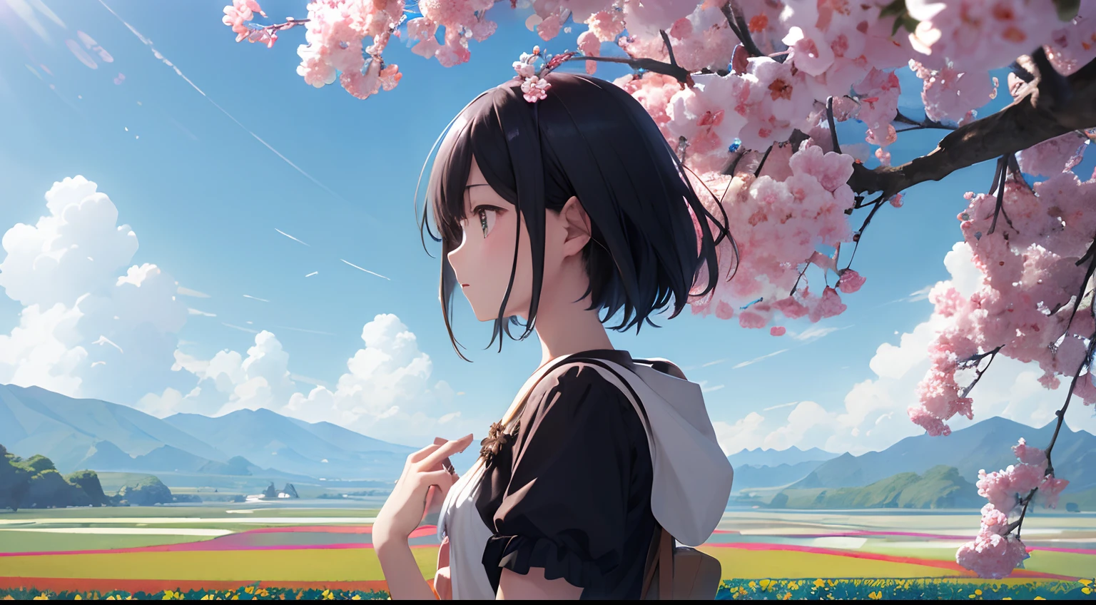 absurderes、hight resolution、(Official art、Beautifully Aesthetic:1.2)、Close View、4K
Shining sky、Vast world、girl with、Staring、awe-inspiring expression、Distant horizon、​​clouds、flower  field、natural beauty、inspiration、Light Effects、