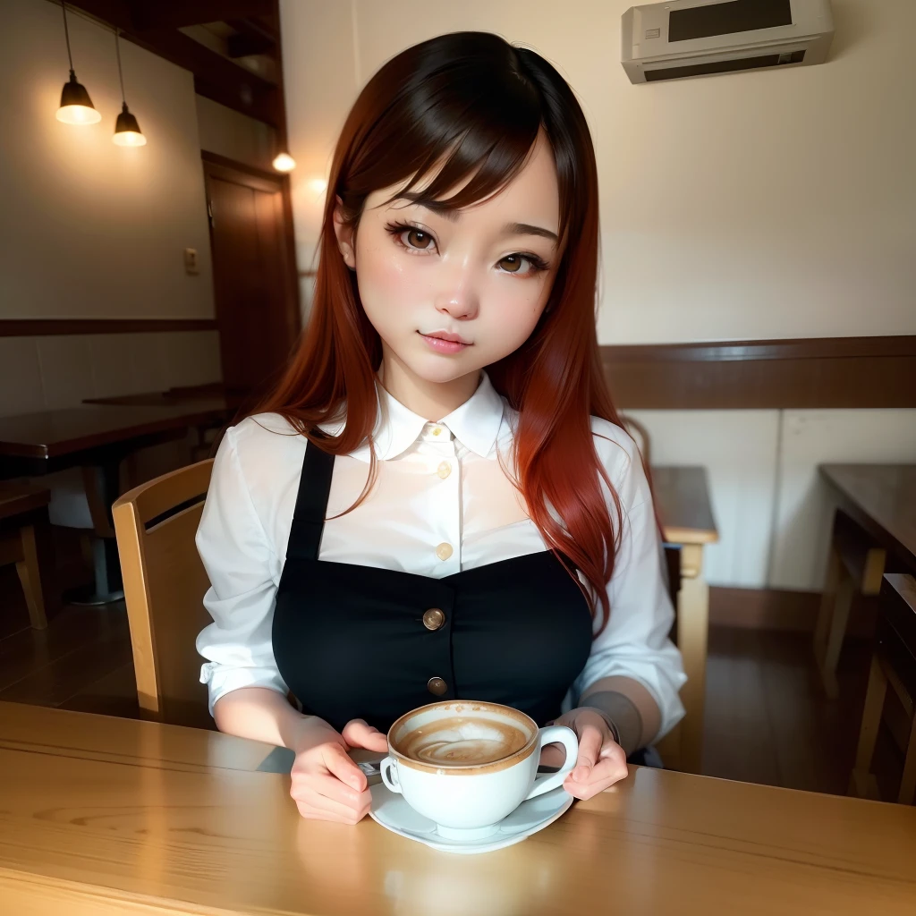(masutepiece, Best Quality, Very detailed CG, Intricate details: 1.2), 8K Wallpaper, masutepiece, Best Quality, Exclusive benefits, High quality, Super Detail, high detailing, Textured skin, Cute, nffsw, Anatomically correct、Very beautiful and cute woman、28-year-old waitress、The uniform is goth loli、longshot、blurry backround:1.2、(((A café with a sense of history、Dim lighting:1.2、Old desk and chair)))