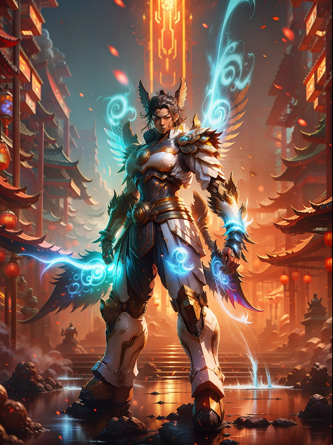 Mecha warrior,8K,Background Chinese style elements,Oversized wings,Delicately portrayed,Works of masters,high detailed official artwork