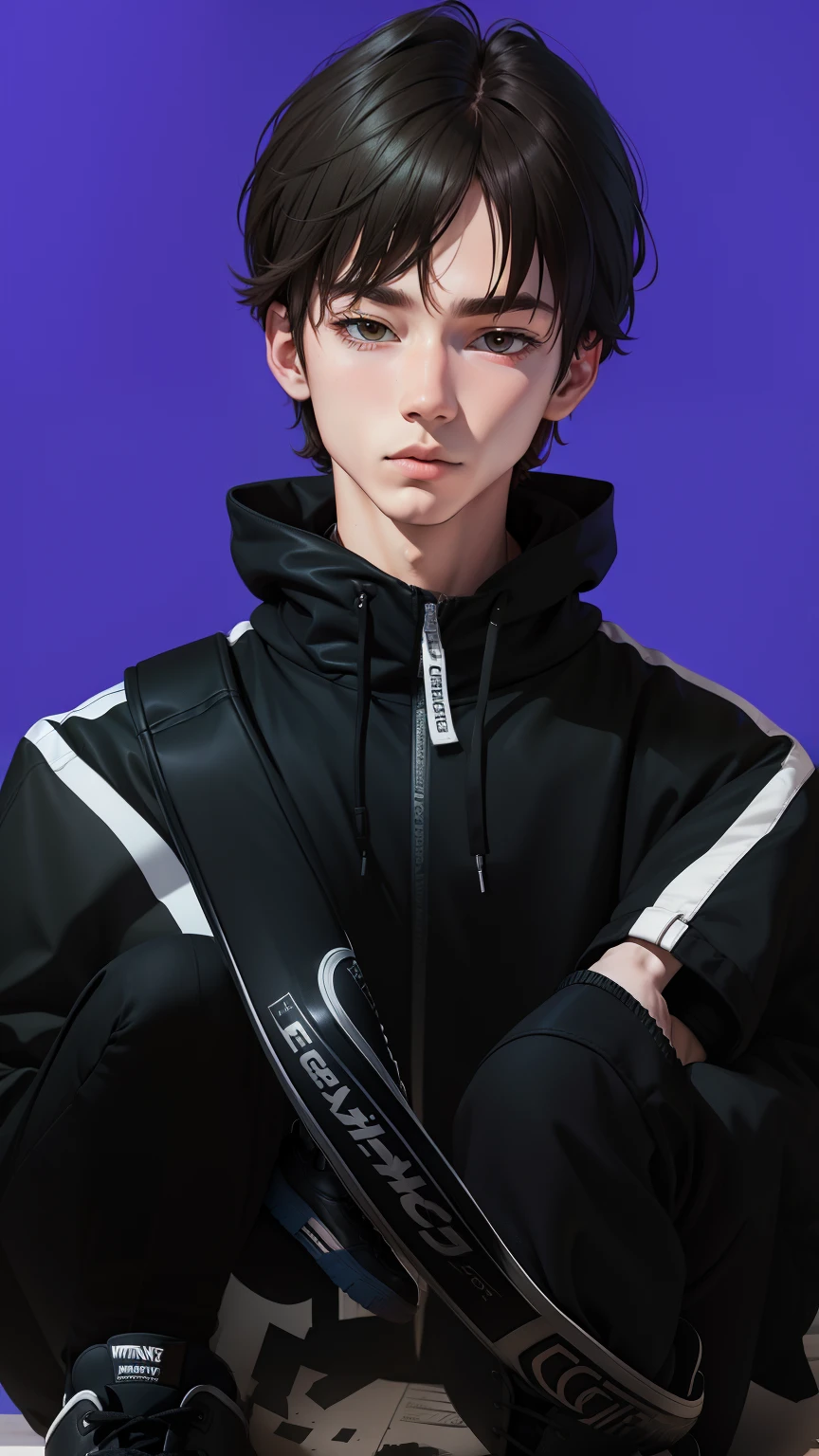 masterpiece，Bestquality，offical art，8kwallpaper，Extremely Detailed，Illustration，1BOY，Trendy outfits，watch，sneaker shoes，squat down，Hands droop naturally，Hooded jacket，Street side，