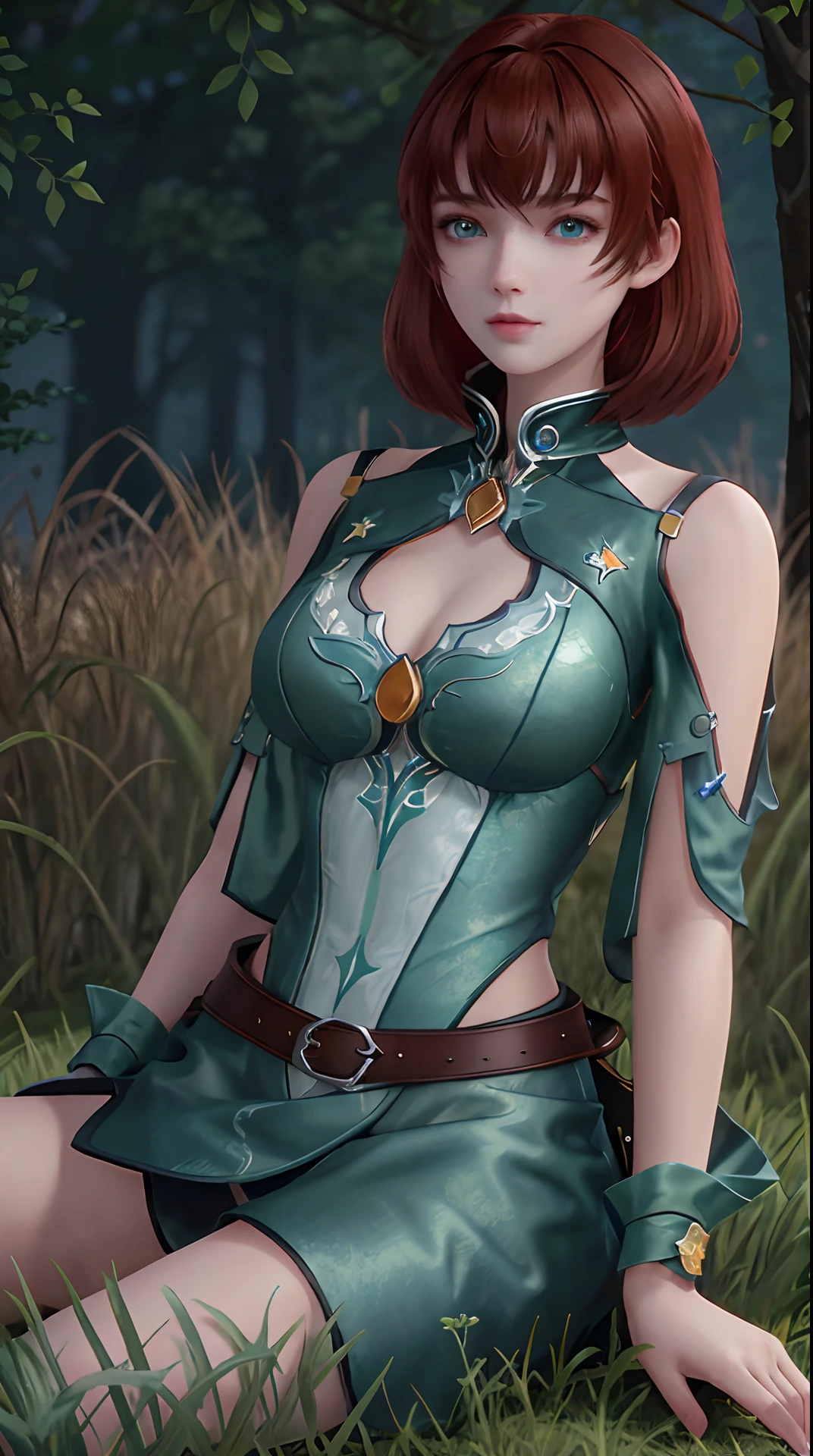 Ultra HD, 8K quality, A girl, full bodyesbian，brown  hair，blue color eyes， Green blurred dress, Detailed eyes, Frontal capture,cowboy lens， Unreal Engine 5,Sit in the grass