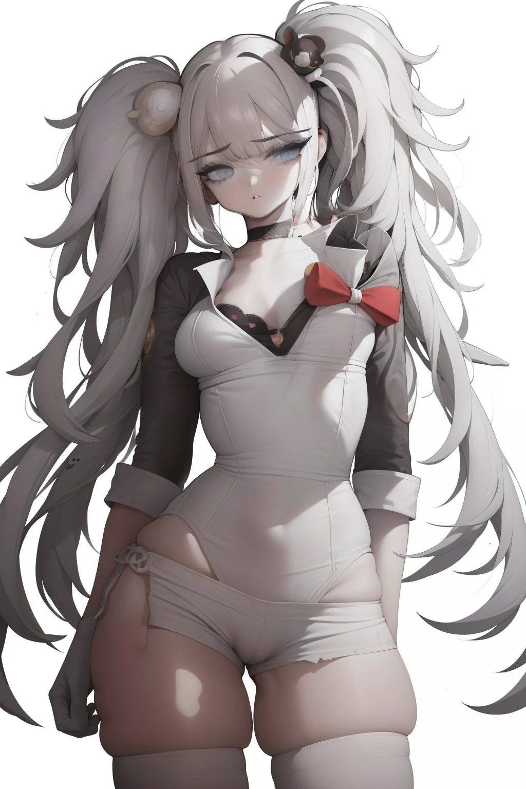 1girl, solo, standing, upper body,
white hair, long hair, curly hair, messy hair, (blunt bangs:1.2), horns, sheep horns, white horns,
blue eyes, looking at viewer,
choker, white shirt, white shorts, short shorts, white thighhighs, (skindentation:1.2),
curvy, large breasts, covered nipples,
(white background, simple background:1.4), wlsdnjs950, (thick lines:1.2),