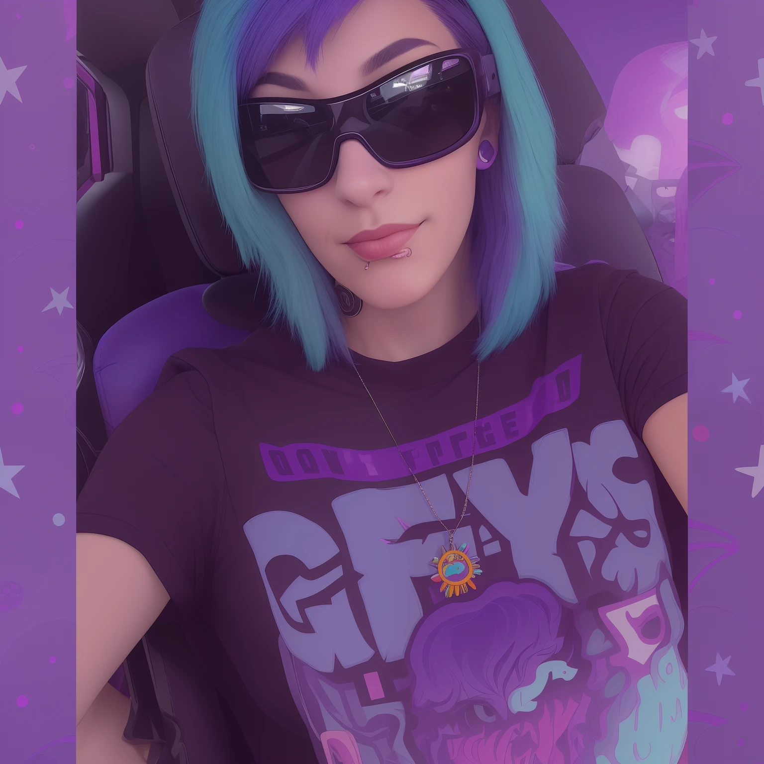 arafed woman in a car wearing a grey shirt and sunglasses, alex yanes and lisa frank, style alex gray, dressed in crustpunk clothing, wearing purple undershirt, dark purple hair and cybernetics, profile picture 1024px, she has blue hair, taken in the early 2020s, cory loftis, not cropped