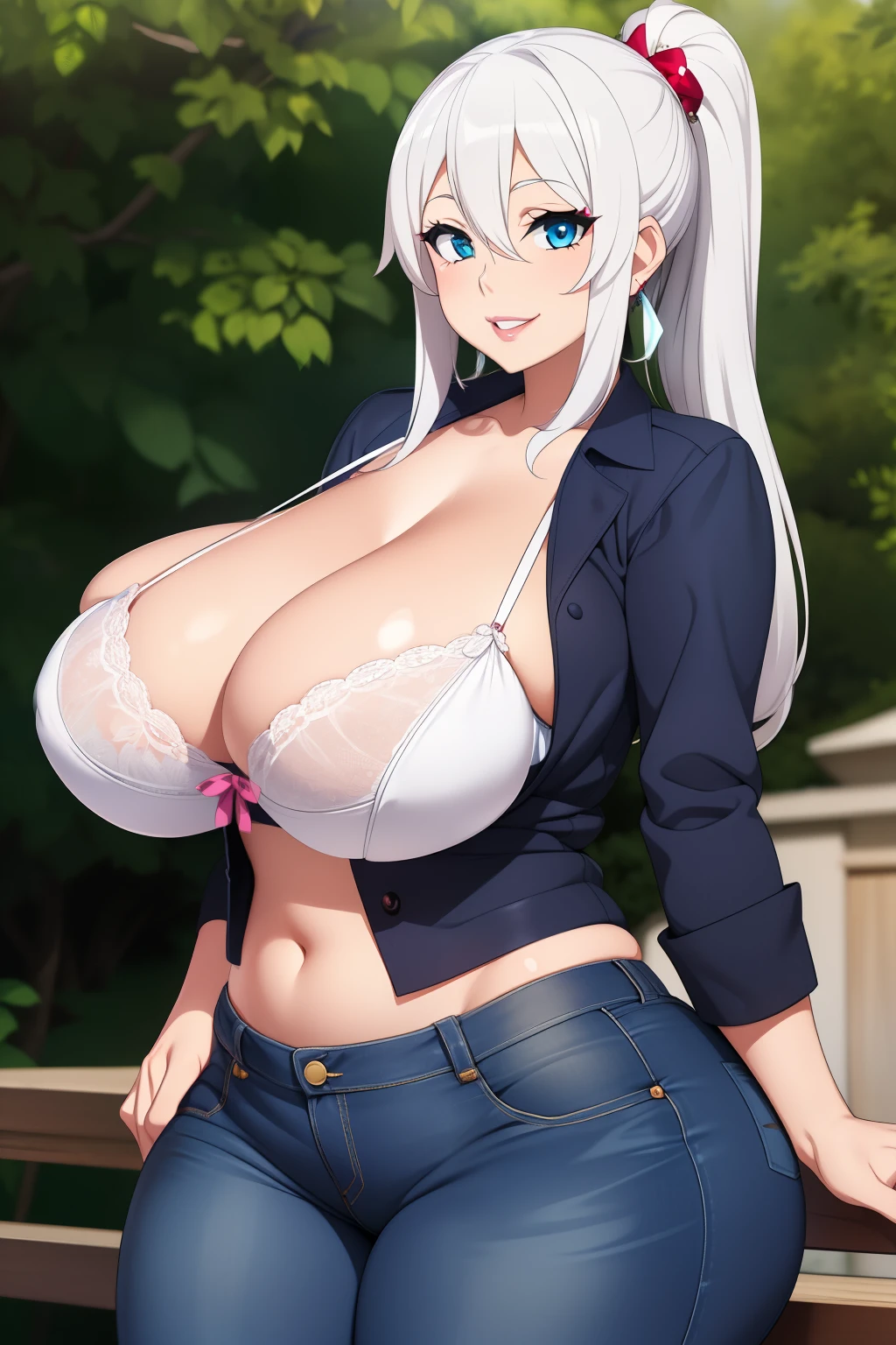 Rossweisse, 1girl, (((bimbo))), white hair, blue eyes, ear rings, (((bimbo))), puffy lips, painted lips, thick lips, smile face, wide hips, thick thighs, huge round ass, huge natural Hitomi Tanaka breasts, blue jeans, white bra, hand signs,