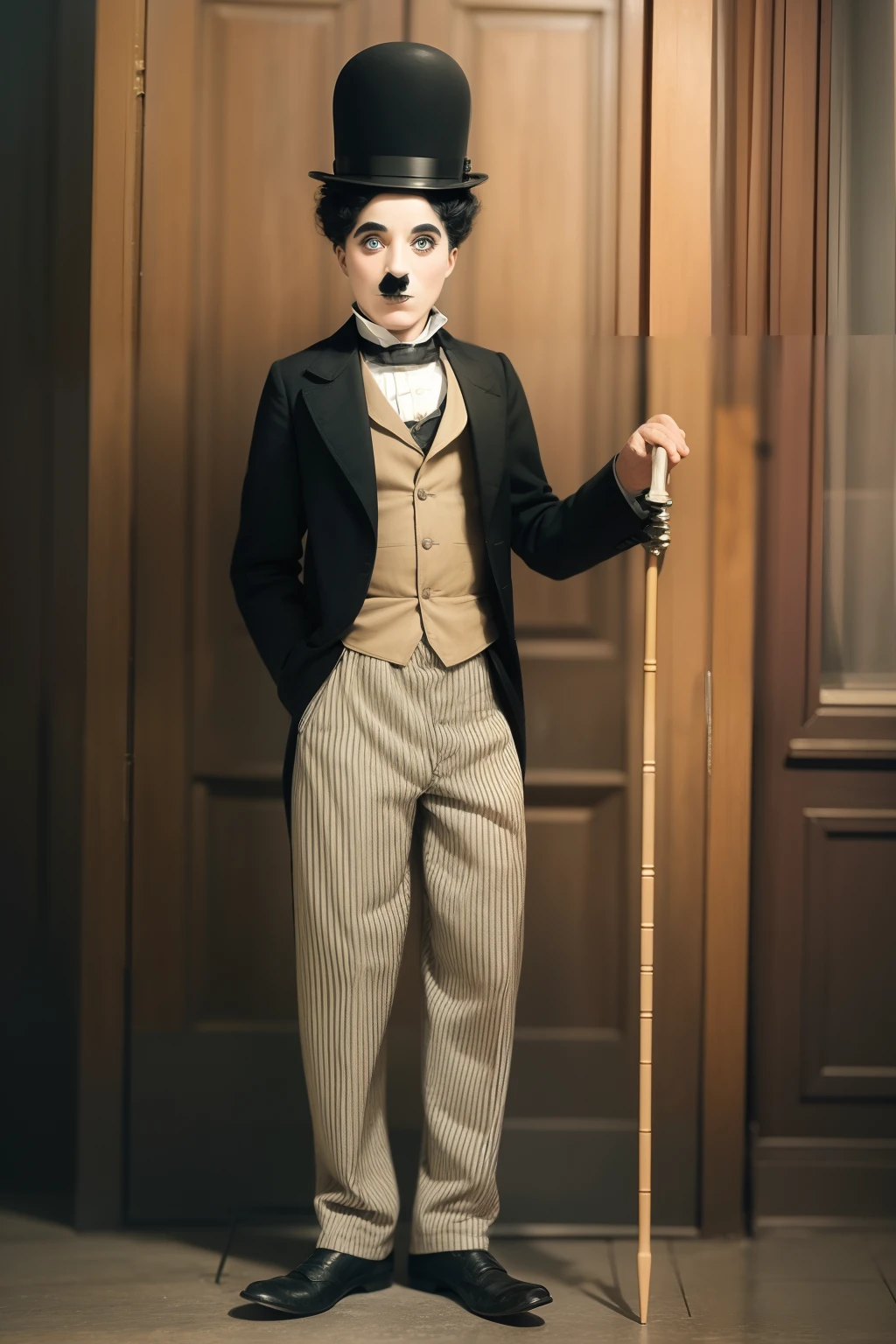 tmasterpiece，Highest quality，Charlie chaplin，Man in top hat and suit，He has a cane in his right hand，photorealestic，Cinematic quality