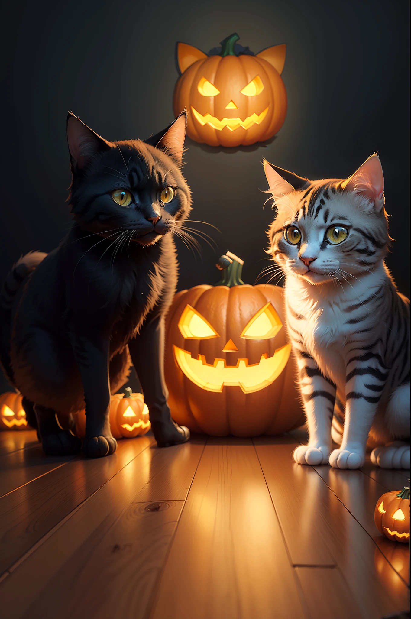 there is a cat and a cat are standing next to a pumpkin, adorable digital painting, cute digital art, halloween art style, cute detailed digital art, pumpkins, cute artwork, by Goro Fujita, by Galen Dara, by Aleksandr Gerasimov, beautiful digital artwork, 3 0, halloween scene, by Relja Penezic