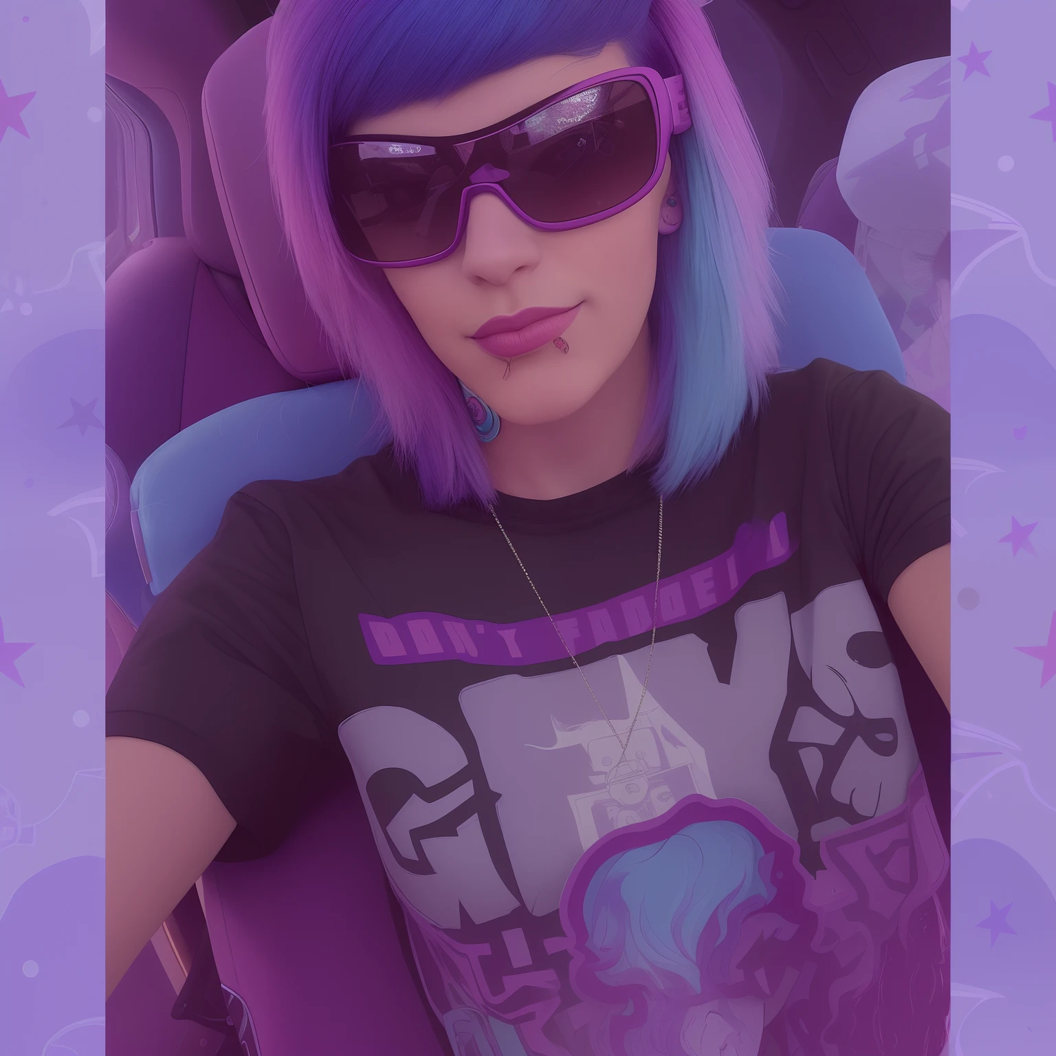 arafed woman in a car wearing a grey shirt and sunglasses, alex yanes and lisa frank, style alex gray, dressed in crustpunk clothing, wearing purple undershirt, dark purple hair and cybernetics, profile picture 1024px, she has blue hair, taken in the early 2020s, cory loftis, not cropped