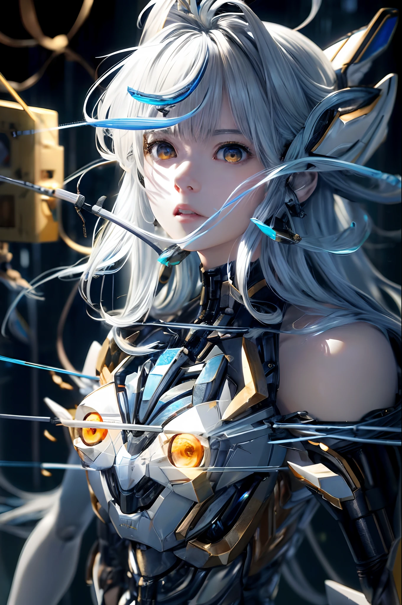 top-quality、​masterpiece、超A high resolution、(Photorealsitic:1.4)、女の子1人、Light blue hair、Straight hair, shiny and clean hair、White shiny skin、Sexy Cyberpunk Girl、((super realistic details))、Shadow、octan render、ultrasharp、hyperdetailed face、Fiberglass、Luminous tube、highly intricate detail、Realistic light、CGSoation Trends、((Golden Eyes))、(Facing the camera)、neon details、Mechanical limbs、Mechanical vertebrae attached to the back、mechanical cervical attaching to neck、Wires and cables connecting to the head、((valkyrie))、((Beam Cannon))、Combat stance