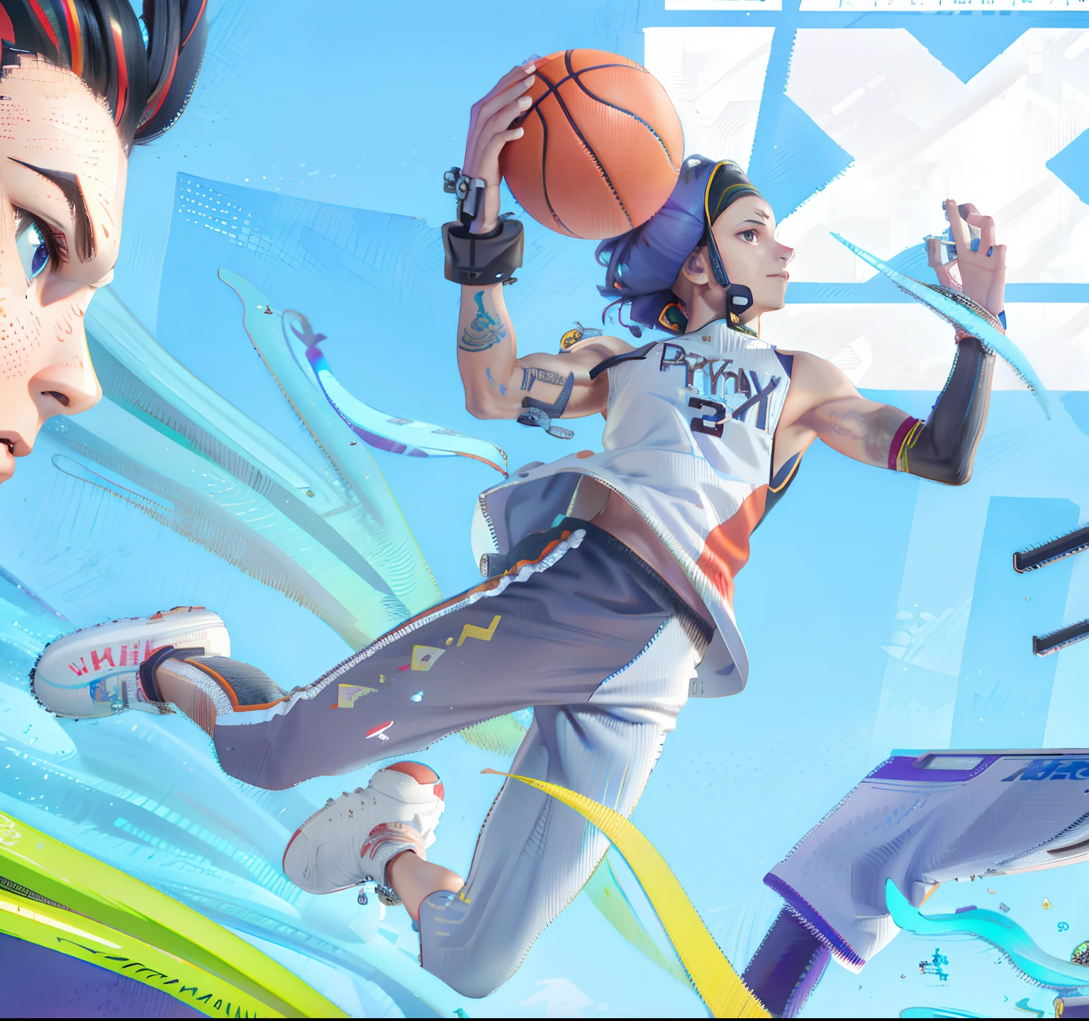 There was a man playing basketball in a video game, FBX, The cover of the game, 2K, 2 k, Banner, Game illustration, Game art, fortnite art style, playrix games, jen bartel, detailed game art illustration, game key art, video game cover, promotional art, front cover of a new video game, key art, Official artwork