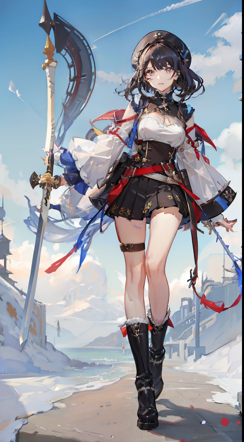 Ruffled uniforms、Hot pants under the skirt、odd eye、A dark-haired、boots、I'm carrying a great sword on my back