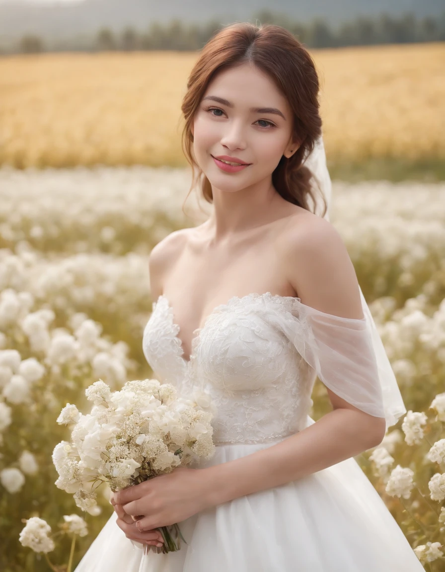 1girl in, white wedding dress, Bare shoulders, blooming flower field, lightsmile