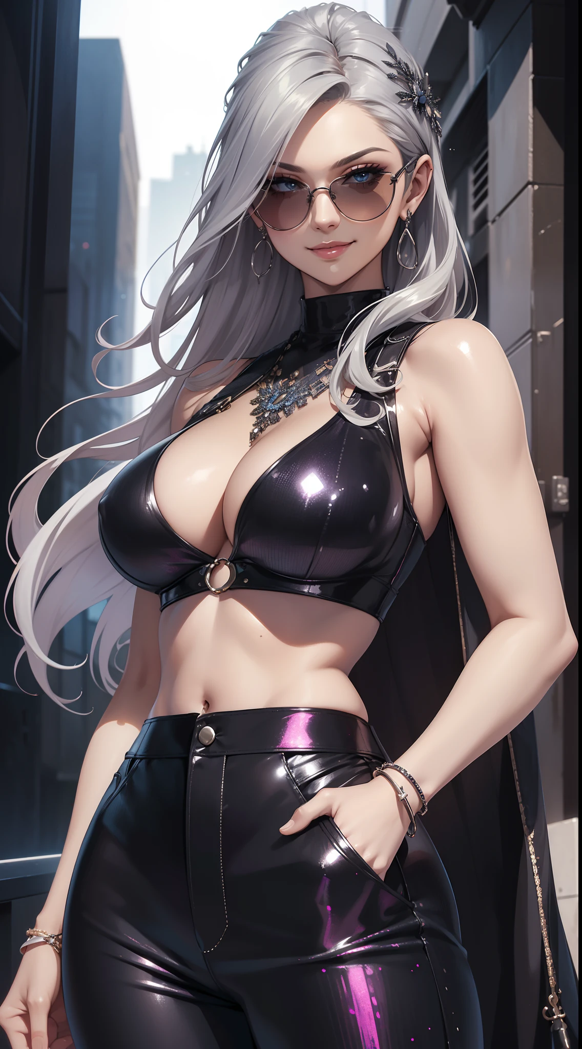 ((best quality)), ((masterpiece)), detailed, realistic, beautiful cool woman with long silver hair, wearing a cool sleeveless sequin cropped top and pants, and dark shades, deep cleavage, smug smile, modern.