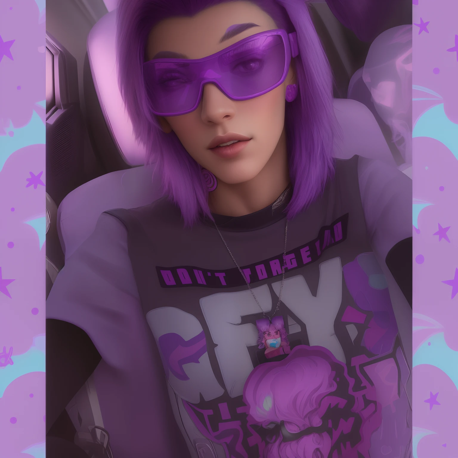arafed woman in a car wearing a grey shirt and sunglasses, alex yanes and lisa frank, style alex gray, dressed in crustpunk clothing, wearing purple undershirt, dark purple hair and cybernetics, profile picture 1024px, she has rainbow hair, taken in the early 2020s, cory loftis, not cropped