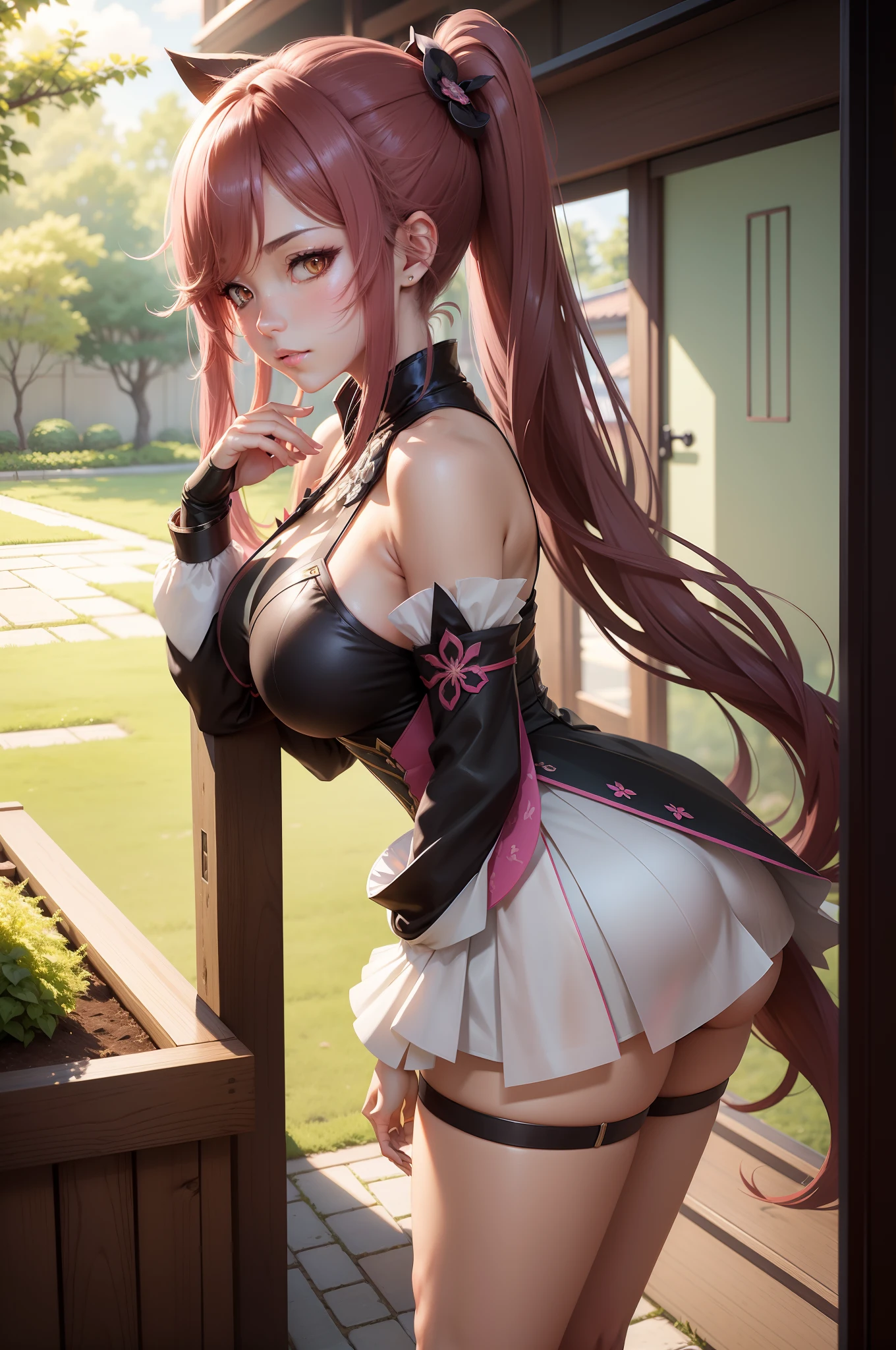 Close-up of a woman with a pink double ponytail and a sexy dress, In the outdoor garden,Flowers and plants of various colors,Lift your skirt with both hands,Expose the butt, upper body, shoulders and chest,Shadow sexy style, Keqing from Genshin Impact, Walnut Genshin Impact, Walnut game《genshin impact》, Detailed digital anime art, Anime fantasy illustration, trending on cgstation, Anime goddess, Genshin, 8K high quality detailed art, From Arknights