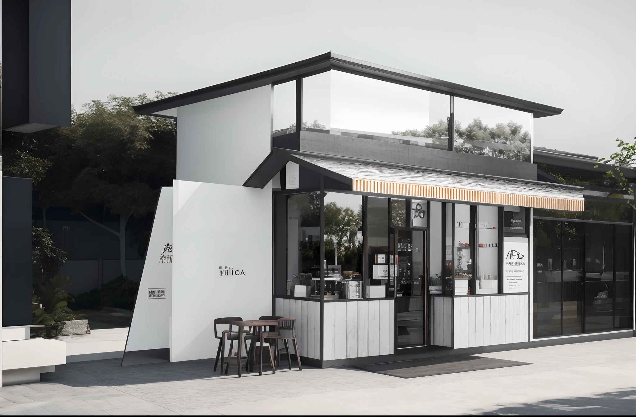 There is a very simple and clean Huipai Chinese design coffee shop along the road, machine aesthetics, 3D visualization, corona rendered, RTX, Front view