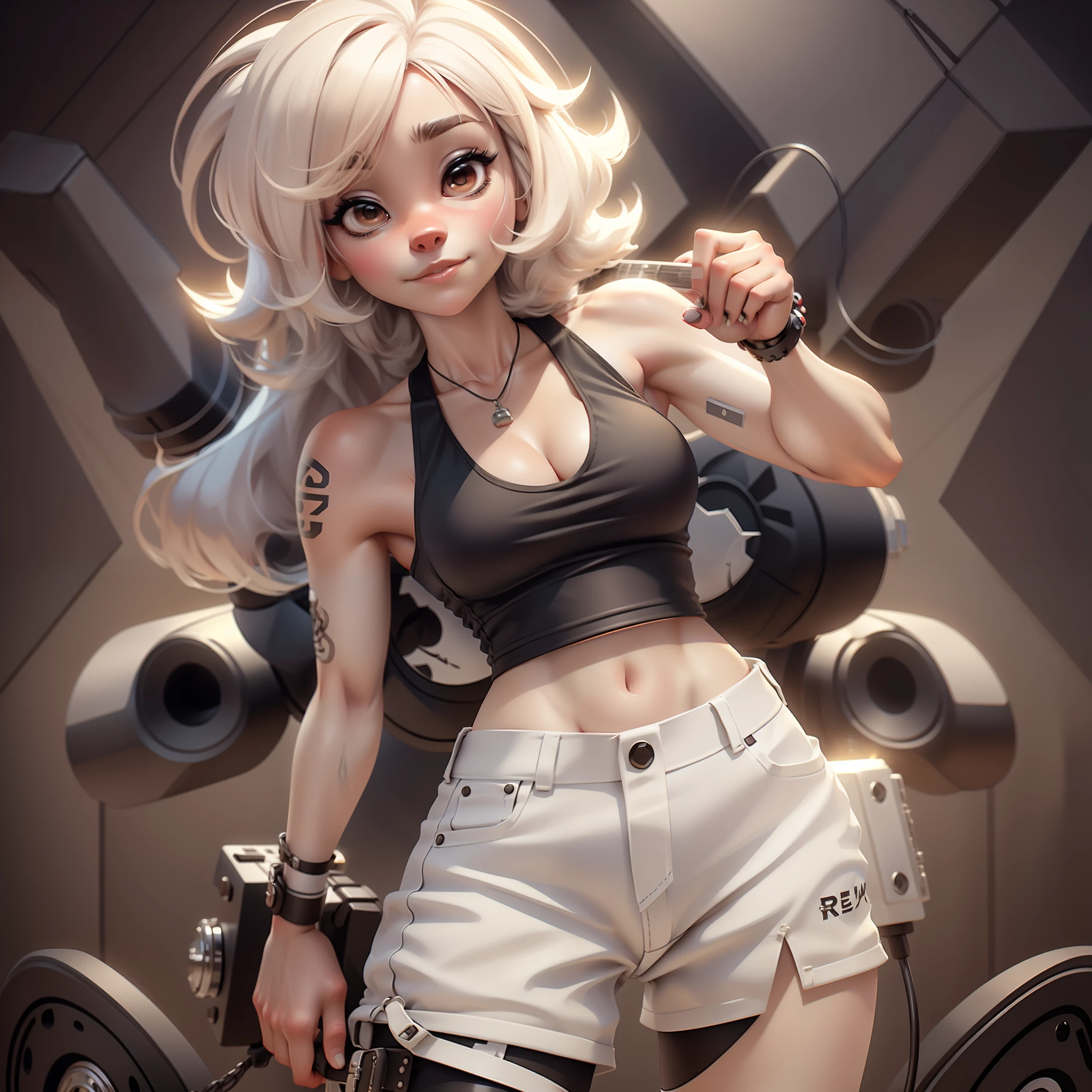 WhiteDog,Animal anthropomorphism,female,SOLO,furry(dog),Wear a black tank top and hot pants,plays the electric guitar,Rock stage