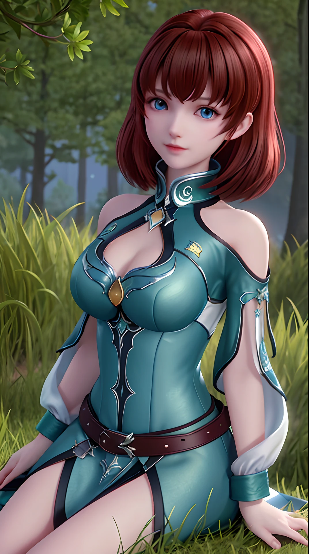 Ultra HD, 8K quality, A girl, full bodyesbian,brown hair,blue color eyes, Green blurred dress, Detailed eyes, Frontal capture,cowboy lens, Unreal Engine 5,Sit on grass