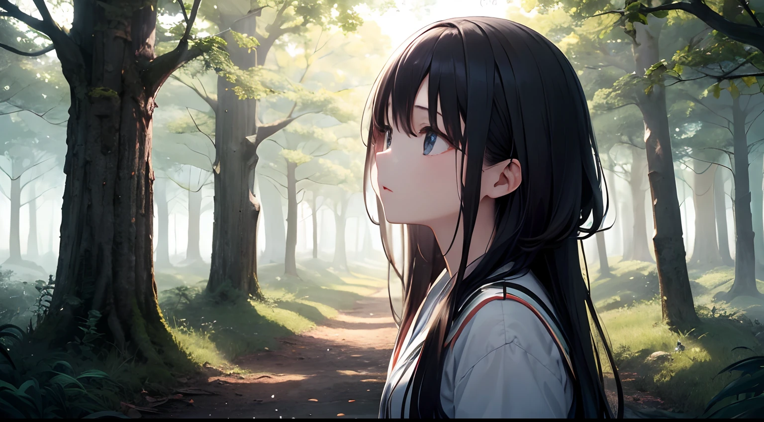 absurderes、hight resolution、(Official art、Beautifully Aesthetic:1.2)、Close View、4K
Shining sky、Vast world、girl with、Staring、awe-inspiring expression、Distant horizon、clouds、the woods、natural beauty、inspiration、Light Effects、