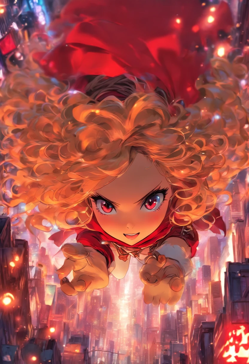 1 girl in、Wearing Little Red Riding Hood clothes、Long iridescent hair、colourful hair、O cabelo multicolorido、On the head are cat ears、Red Eyes、Colorful eyes、beautidful eyes、perfect  eyes、Same eyes、 Artistic lettering, Beautiful script, cultural expression, Decorative writing、Powerful、Dynamic