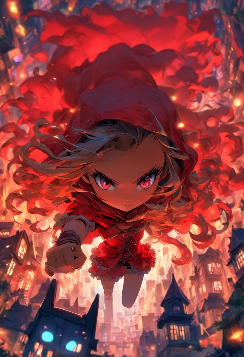 1 girl in、Wearing Little Red Riding Hood clothes、Long iridescent hair、colourful hair、O cabelo multicolorido、On the head are cat ears、Red Eyes、Colorful eyes、beautidful eyes、perfect eyes、Same eyes、 Artistic lettering, Beautiful script, cultural expression, Decorative writing、Powerful、Dynamic