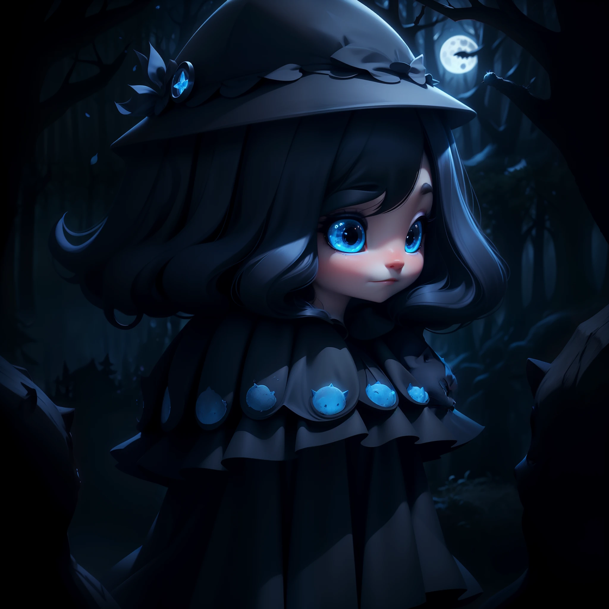 A cute black cat with blue eyes and a cute Witch, a full moon, a deep forest, and a mysterious image. It's night but it's bright