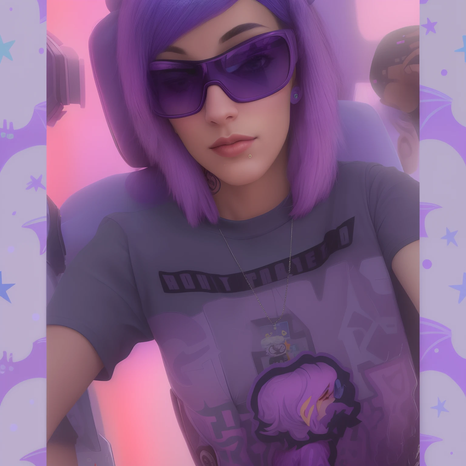 arafed woman in a car wearing a grey shirt and sunglasses, alex yanes and lisa frank, style alex gray, dressed in crustpunk clothing, wearing purple undershirt, dark blue hair and cybernetics, profile picture 1024px, she has rainbow hair, taken in the early 2020s, cory loftis, not cropped