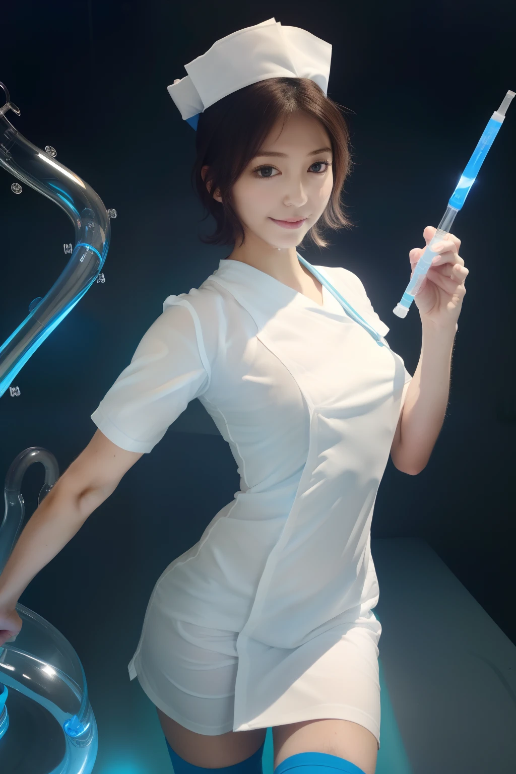 A hyper-realistic、hight resolution、1. Slender girl, flat-chest, ((Pure white nurse uniform:1.3)), Nurse Cap, (Brown bob hair), with clipboard, A smile, A staff, Cinematographic lighting, (8K, ​masterpiece, Top image quality, Raw photo), action,((1 Fairly thick realistic syringe with fluorescent blue liquid:1.3)),(Black stocking),black garters、(Bright examination room)、Name Tags、stethoscope