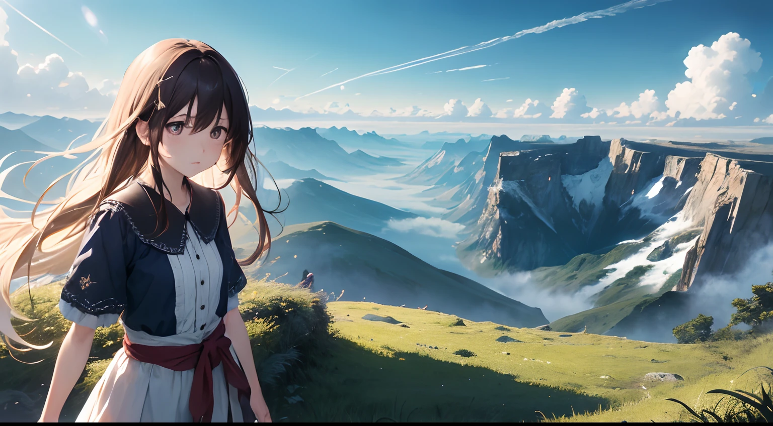 absurderes、hight resolution、(Official art、Beautifully Aesthetic:1.2)、Close View、4K
Shining sky、Vast world、girl with、Staring、awe-inspiring expression、Distant horizon、clouds、High mountains、natural beauty、inspiration、Light Effects、