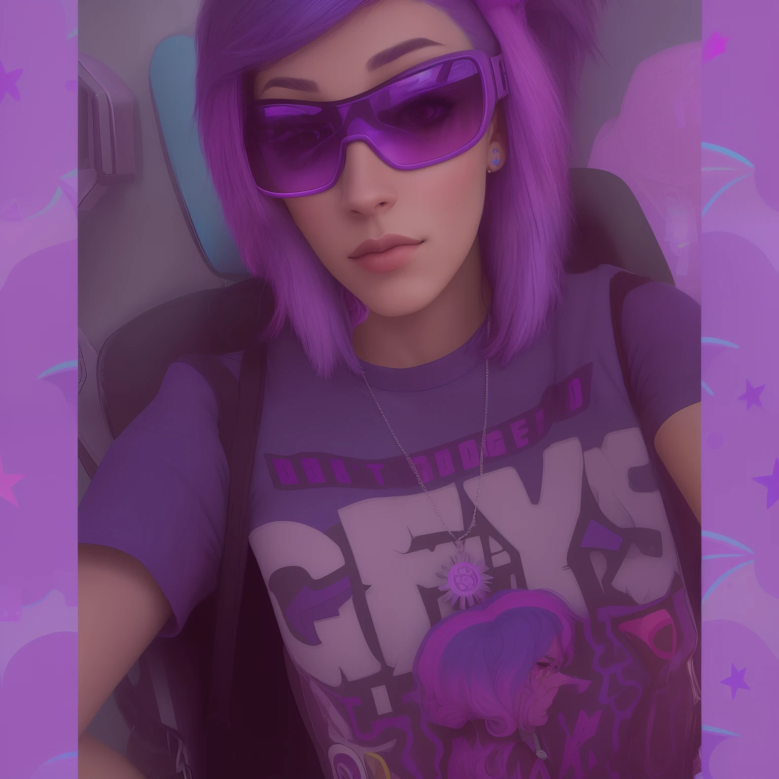 arafed woman in a car wearing a grey shirt and sunglasses, alex yanes and lisa frank, style alex gray, dressed in crustpunk clothing, wearing purple undershirt, dark purple hair and cybernetics, profile picture 1024px, she has rainbow hair, taken in the early 2020s, cory loftis, not cropped