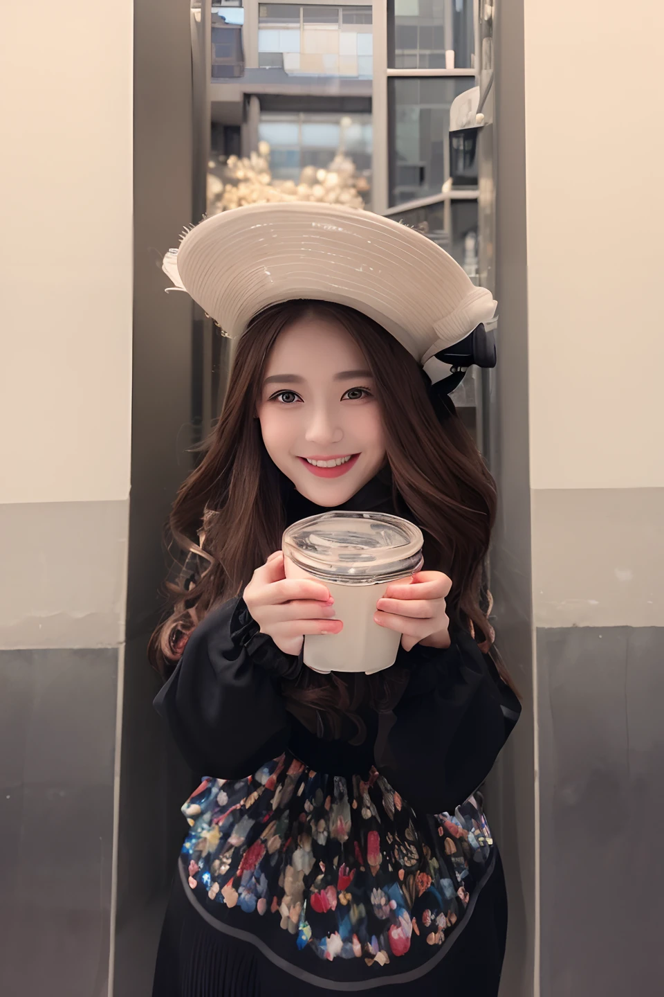 ((Best quality, 8k, Masterpiece :1.3)), 1girl, smiling, full body, slim face, Pretty woman, (Dark brown hair), full length dress :1.1, Ultra-detailed face, Detailed eyes, Double eyelid, blur background, slim face, city, outside, street,