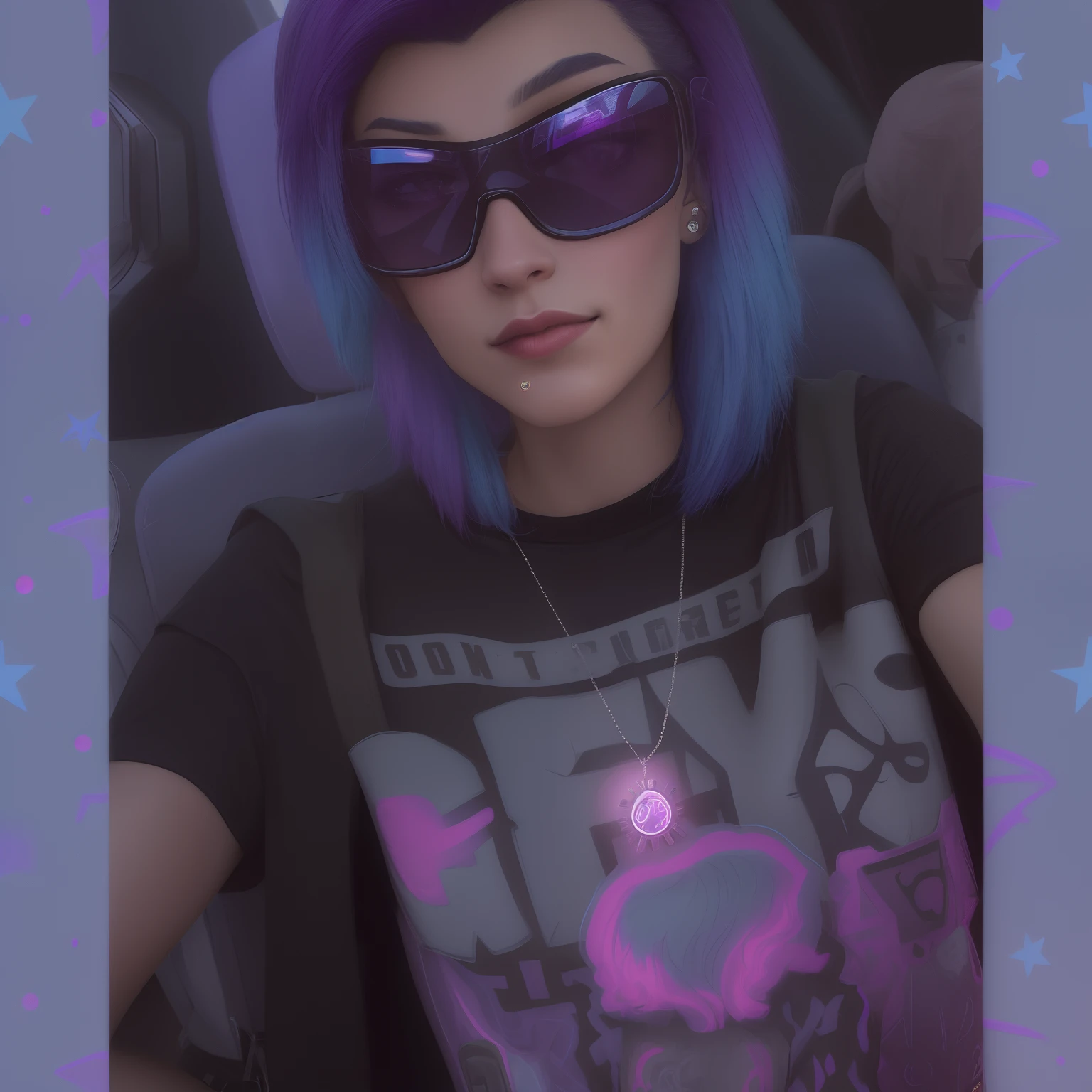 arafed woman in a car wearing a grey shirt and sunglasses, alex yanes and lisa frank, style alex gray, dressed in crustpunk clothing, wearing black undershirt, dark blue hair and cybernetics, profile picture 1024px, she has rainbow hair, taken in the early 2020s, cory loftis, not cropped