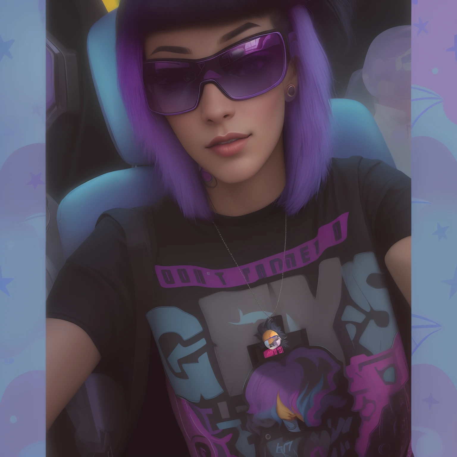 arafed woman in a car wearing a grey shirt and sunglasses, alex yanes and lisa frank, style alex gray, dressed in crustpunk clothing, wearing black undershirt, dark blue hair and cybernetics, profile picture 1024px, she has rainbow hair, taken in the early 2020s, cory loftis, not cropped