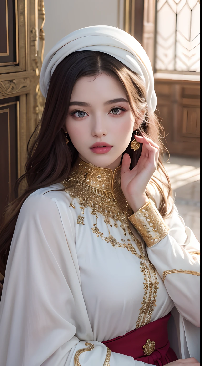 (master piece: 1.3), (8k, photoreallistic, Photo brute, beste-Qualit: 1.4), (1fille), European beautiful face, (realistic face), (cheveux rouge laires, cheveux long 1.3), belle coiffure, realistic crystal bright shining eyes, beautiful detailed eyes brilliant European beauty, (realistic skin), belle peau, (tirer), absurdes, attrayant, ultra highres, ultra realist, highly detailed, Golden Number wearing a Moroccan Islamic caftan outfit half red half white différent angle de vue Epic Legendary perspective shot