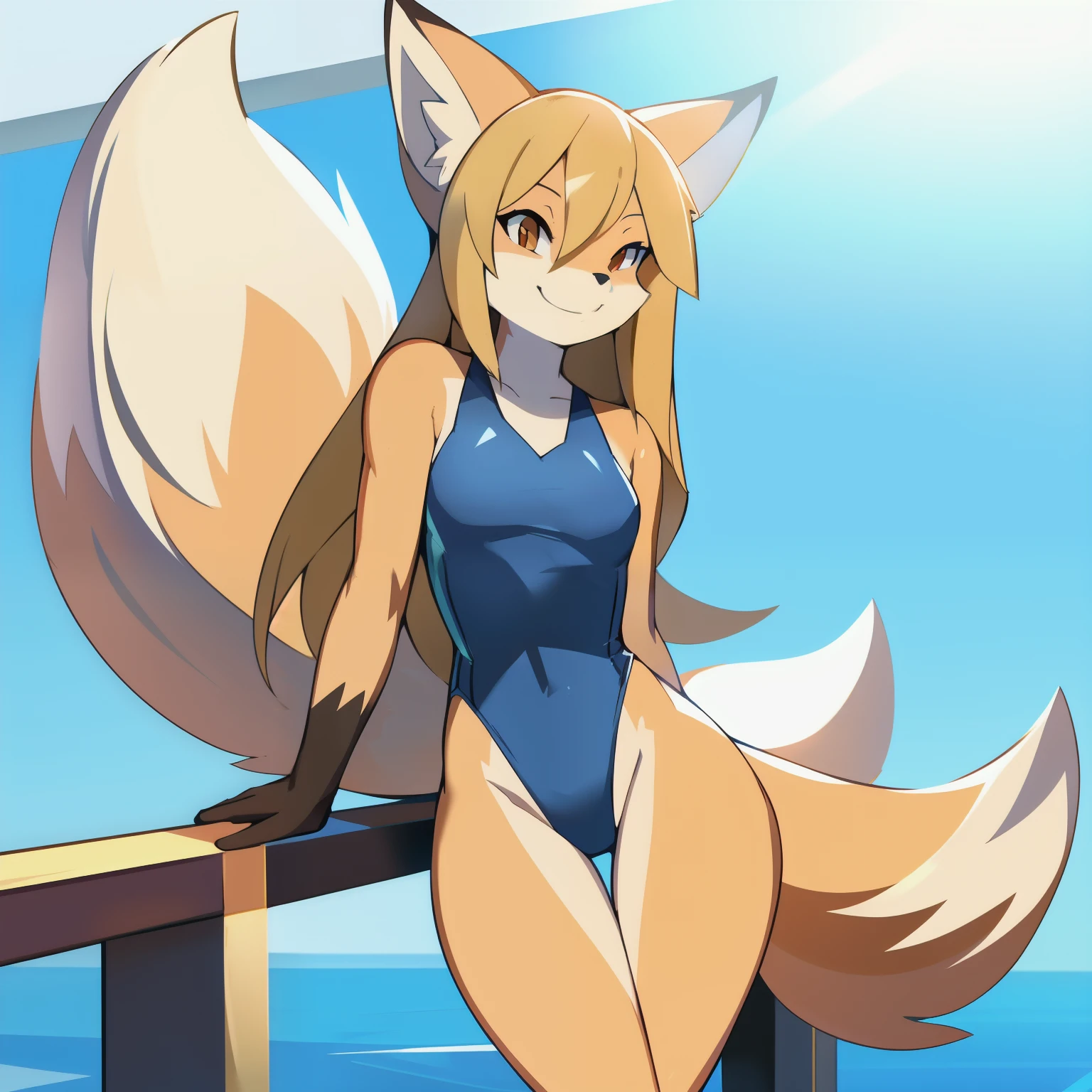by studio_trigger, solo, female, vulpine, cream colored fur, (snout, hair, tail), one tail, long hair, hair style, smile, happy smile, lean body, slim body, wide hips, black one-piece swimsuit.