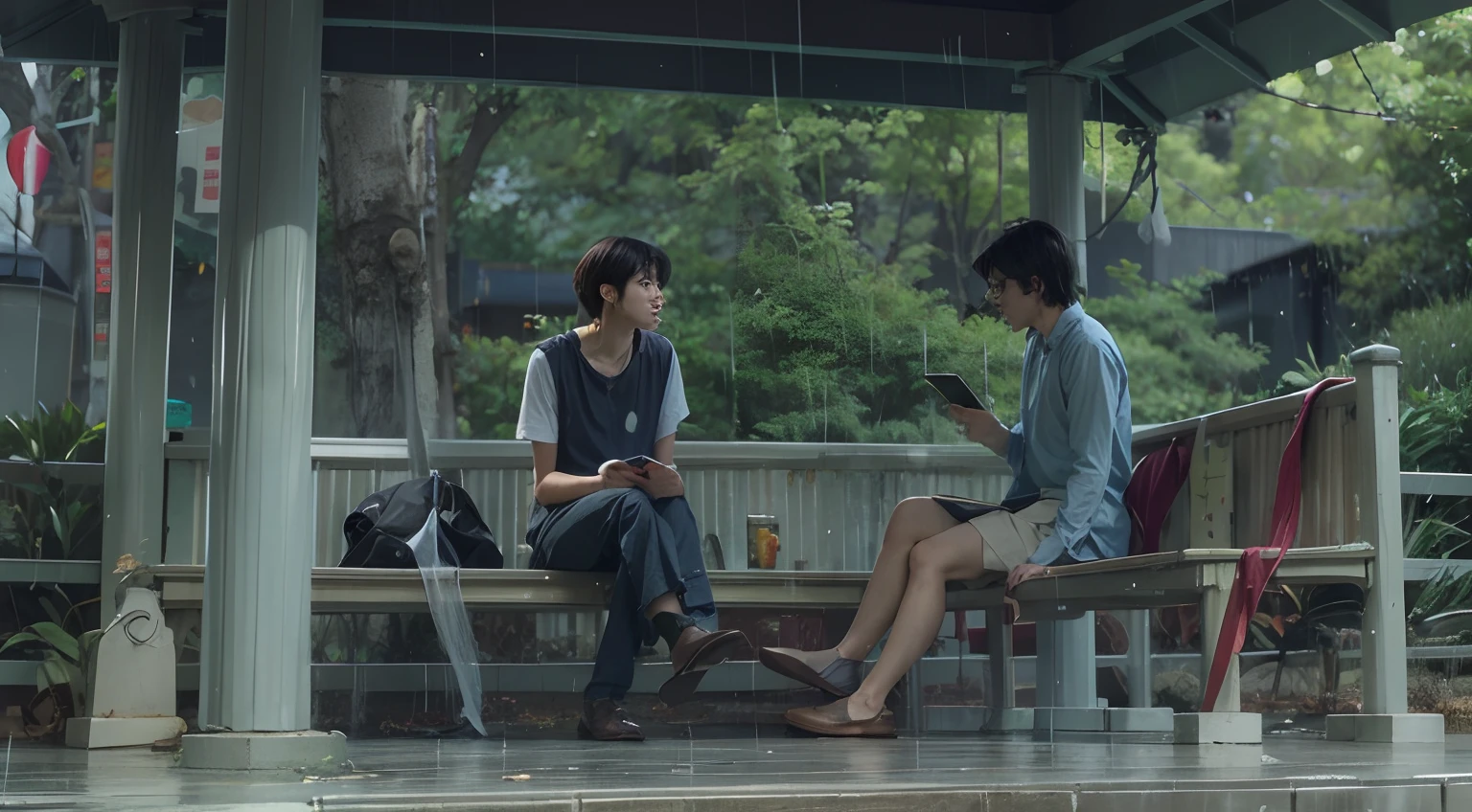 scene of two people sitting on a bench in the rain, student and the teacher, makoto shinkai, makoto shinkai, garden of words
