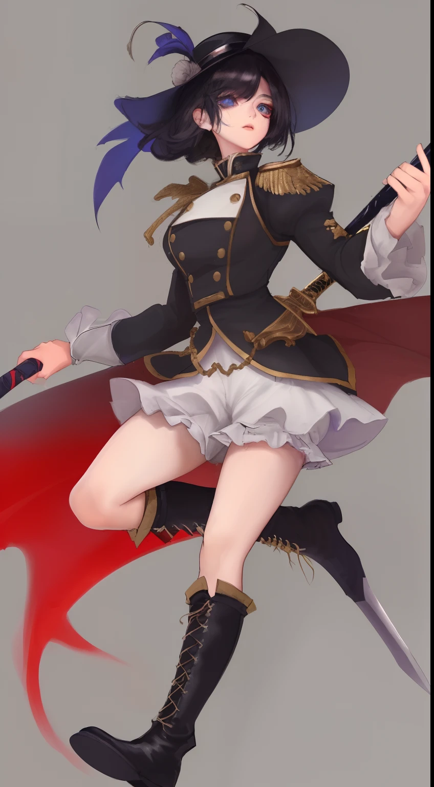 Ruffled uniforms、Hot pants under the skirt、odd eye、A dark-haired、boots、I'm carrying a great sword on my back、Hats